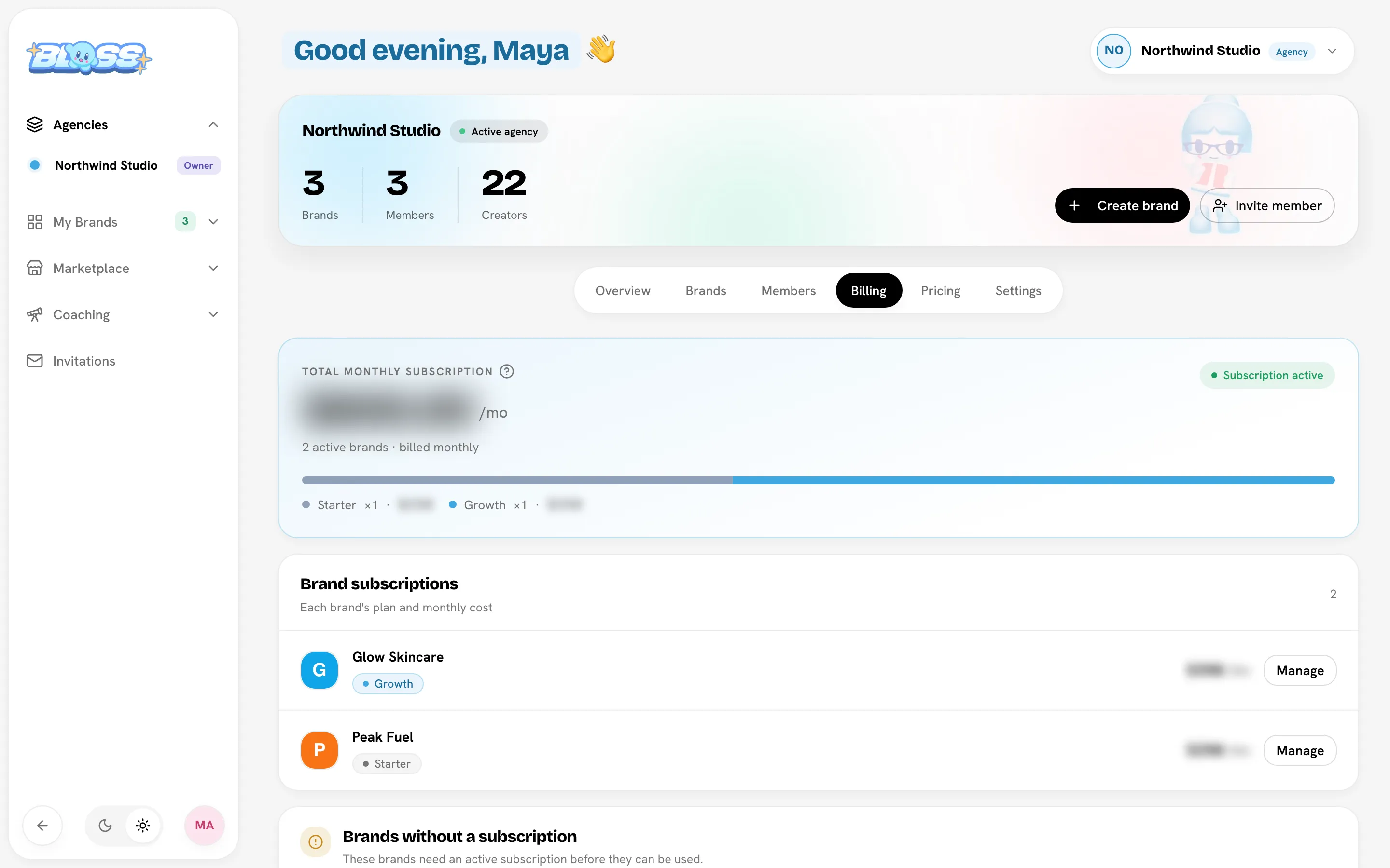 Billing tab with the monthly total, two brand subscriptions and one brand without a subscription