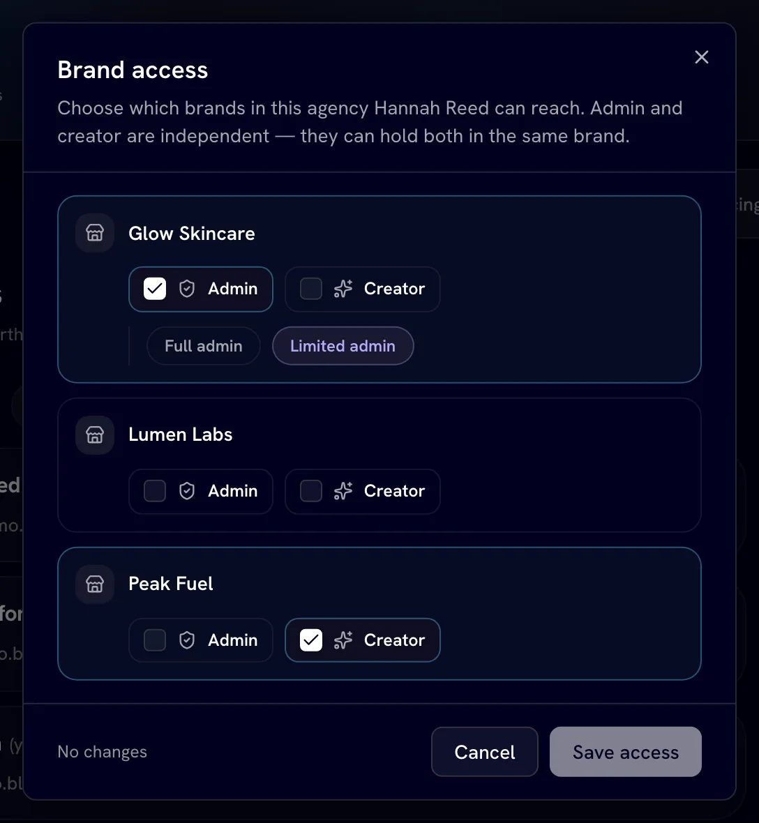 Brand access dialog with Admin and Creator toggles for two brands