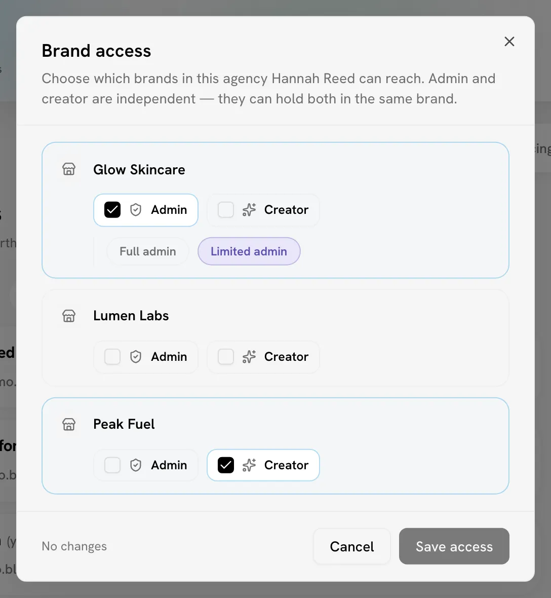 Brand access dialog with Admin and Creator toggles for two brands