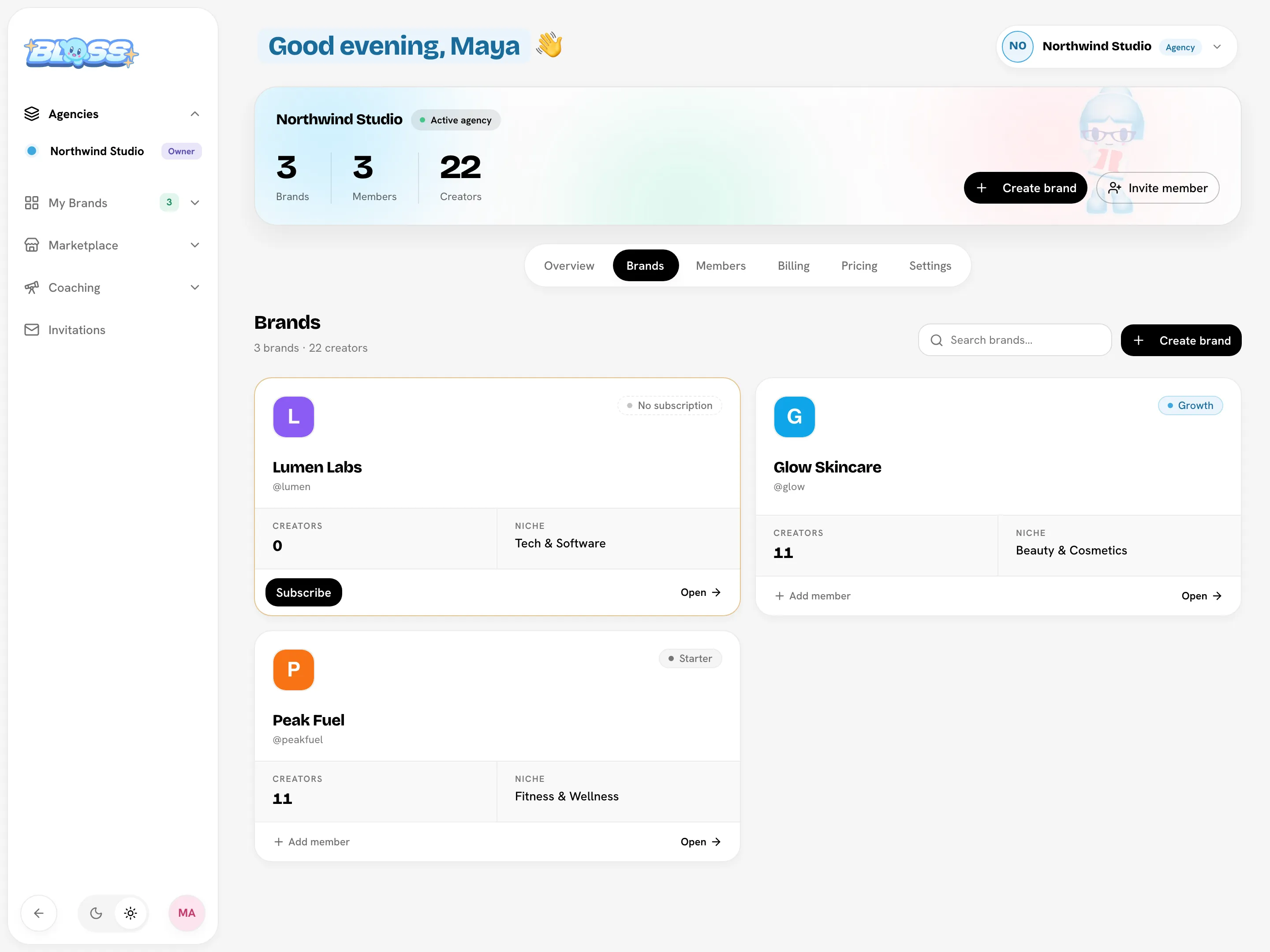 Brands tab with one active brand and one "No subscription" brand