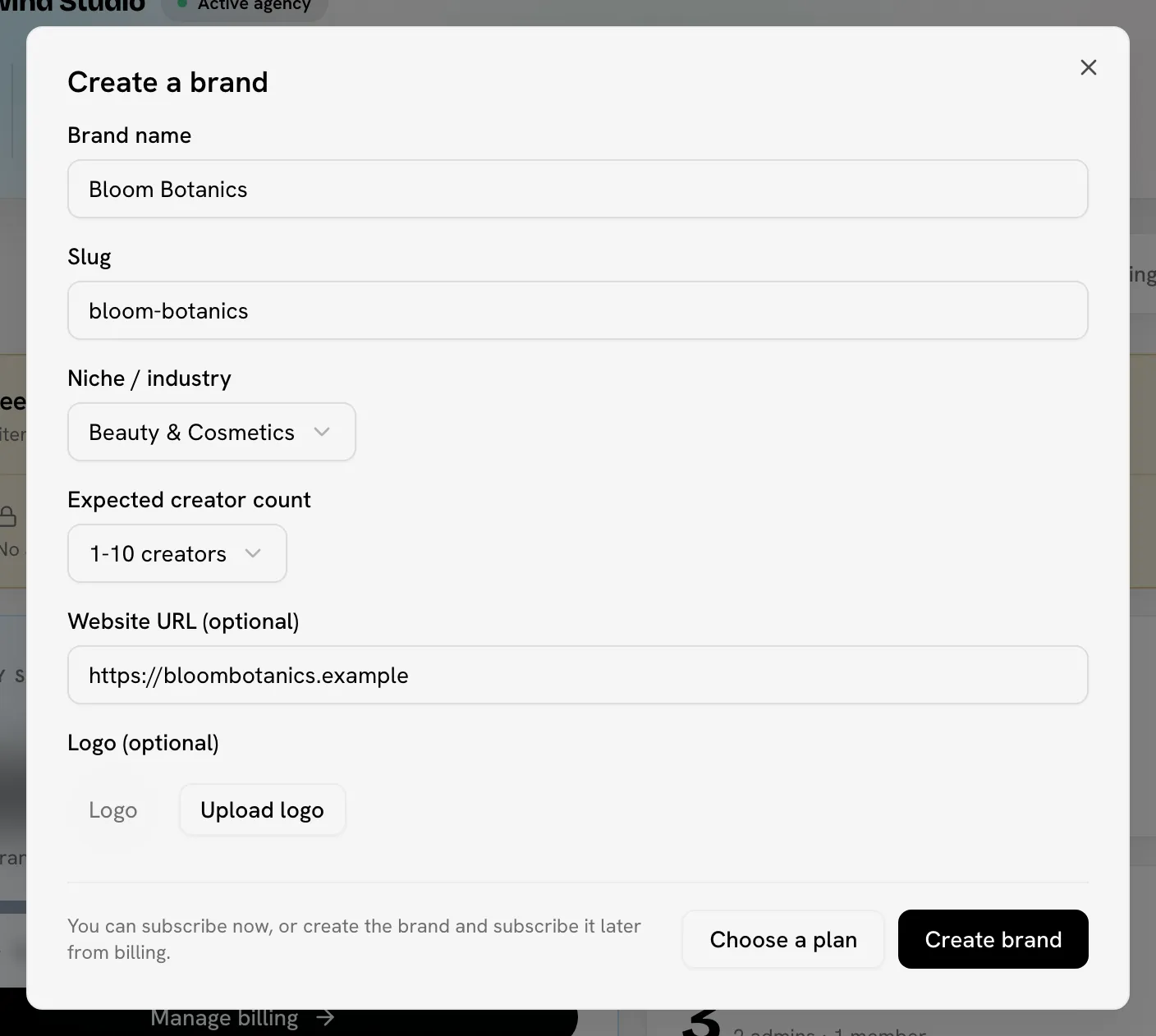 Create a brand dialog, step 1, with the fields filled in