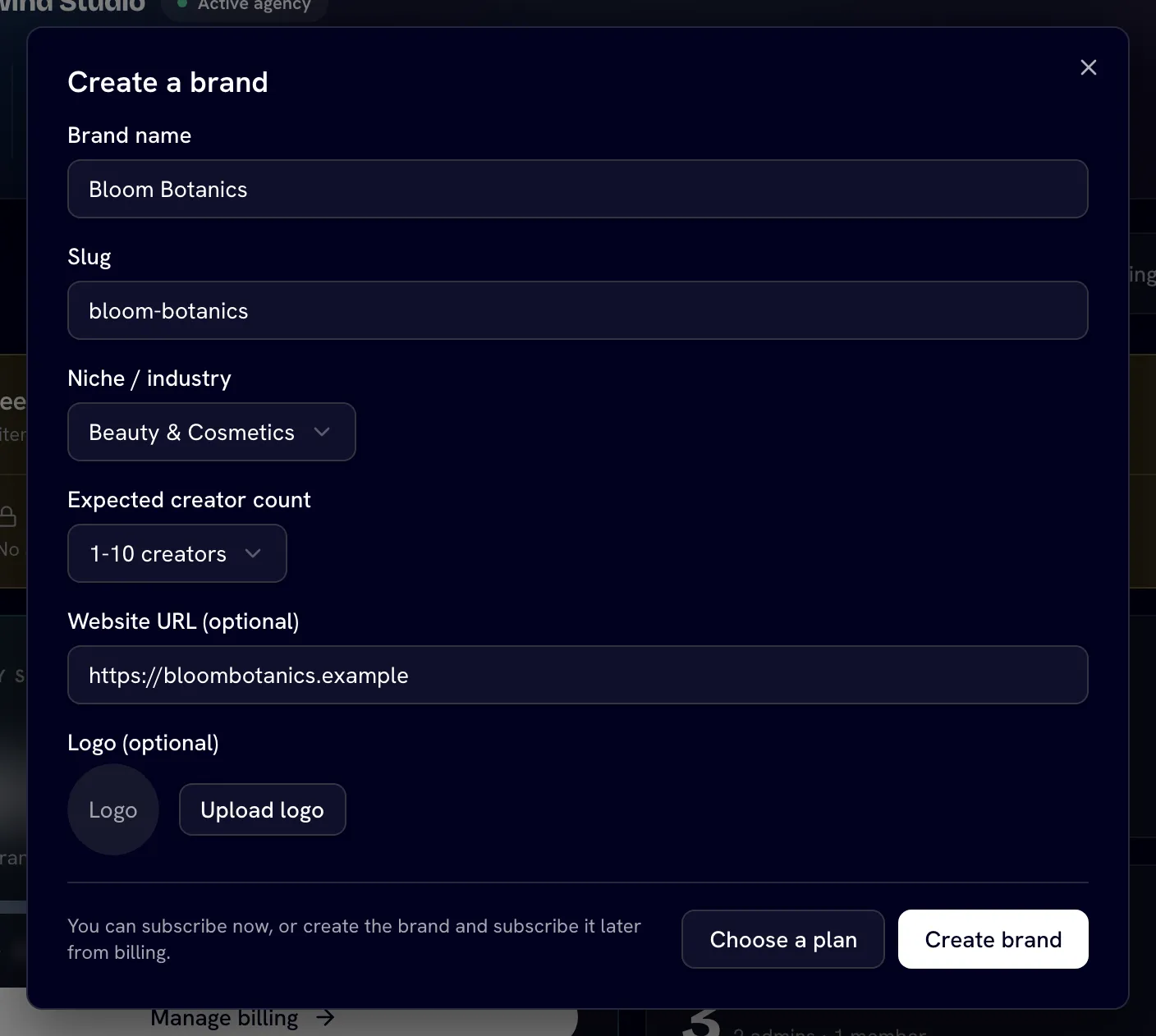 Create a brand dialog, step 1, with the fields filled in