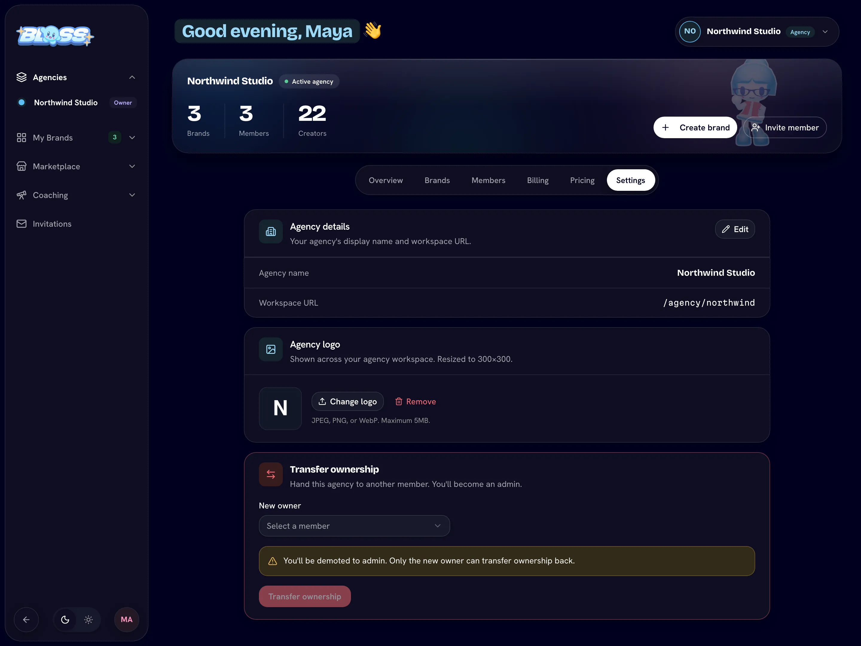 Settings tab with Agency details, Agency logo and Transfer ownership cards