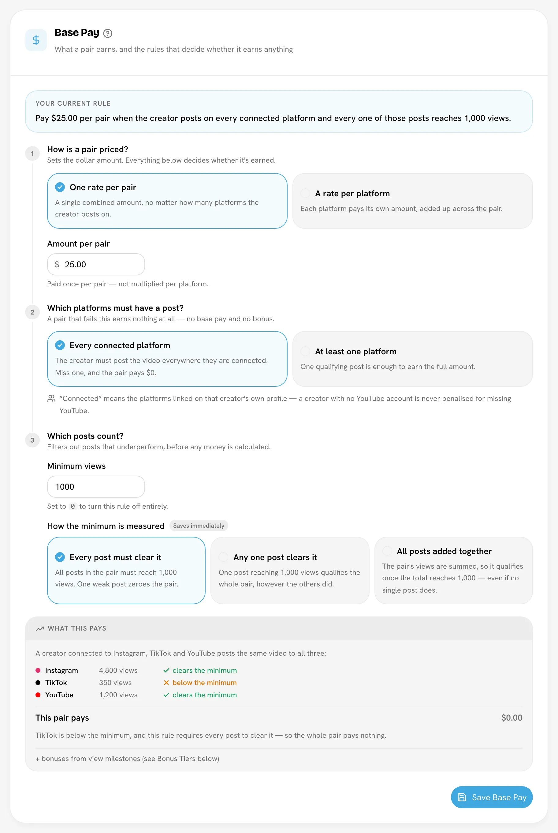 Base Pay card showing "Your current rule", the three steps and the "What this pays" example