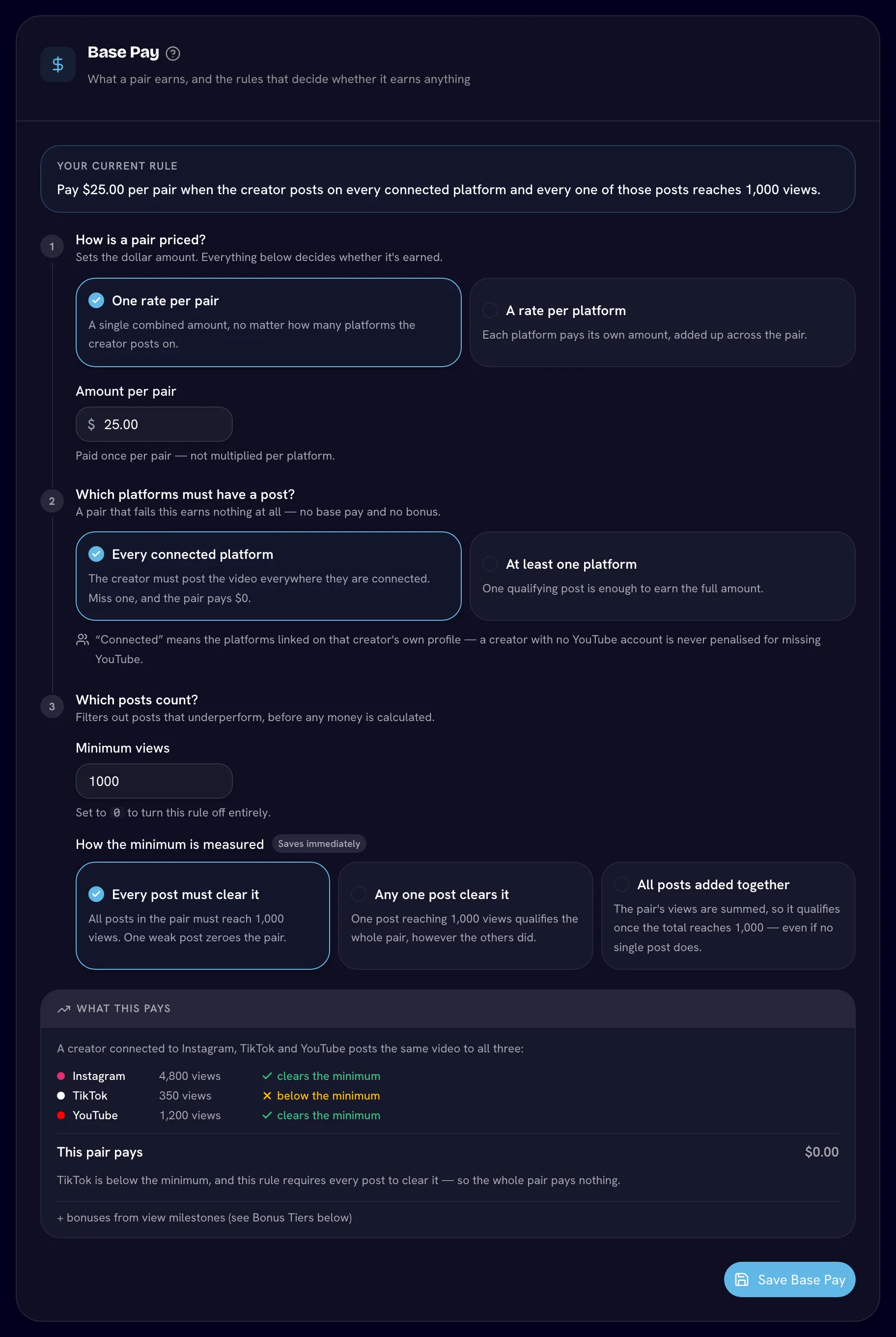Base Pay card showing "Your current rule", the three steps and the "What this pays" example