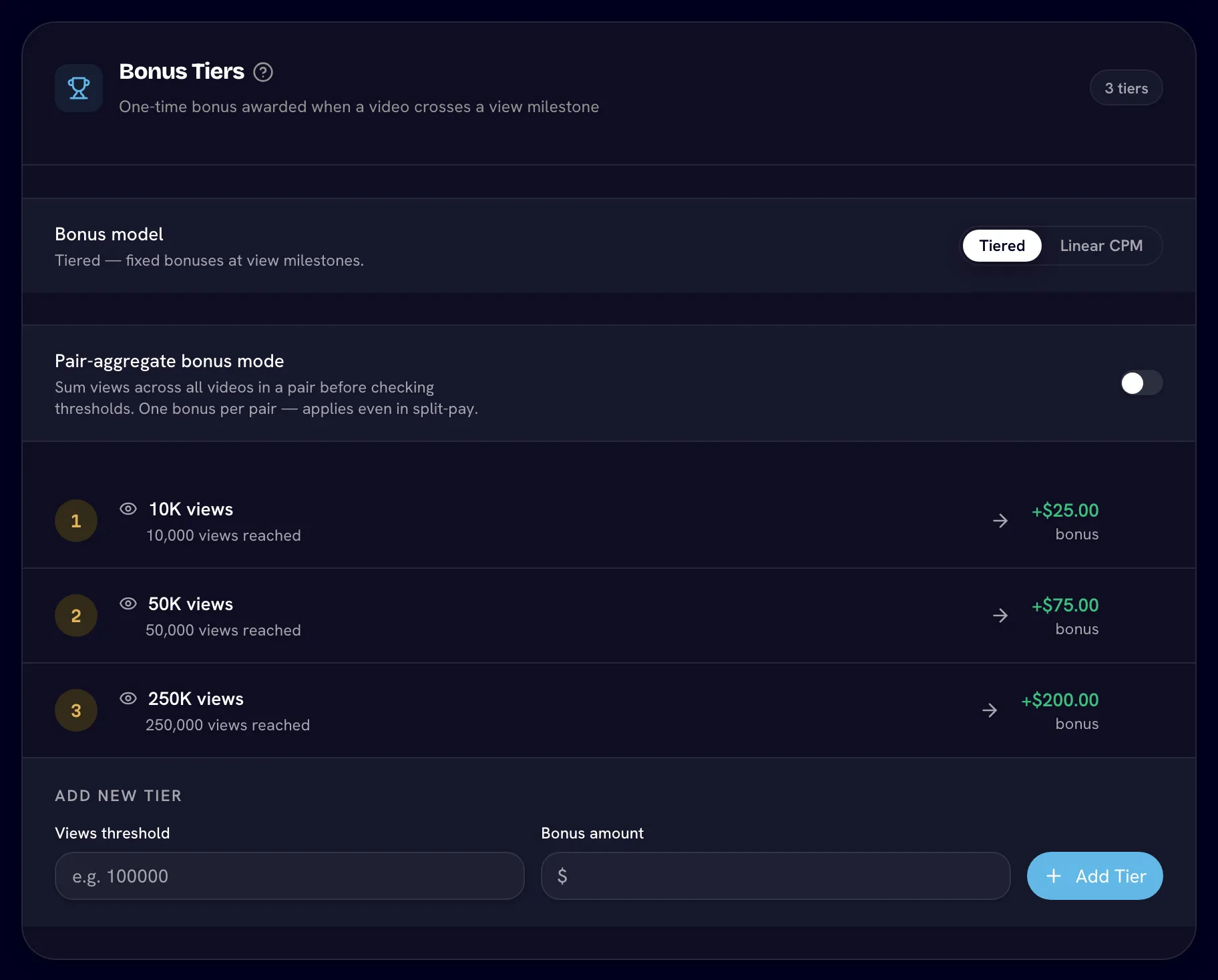 Bonus Tiers card on Tiered with three tiers, the Bonus model switch and the Pair-aggregate toggle