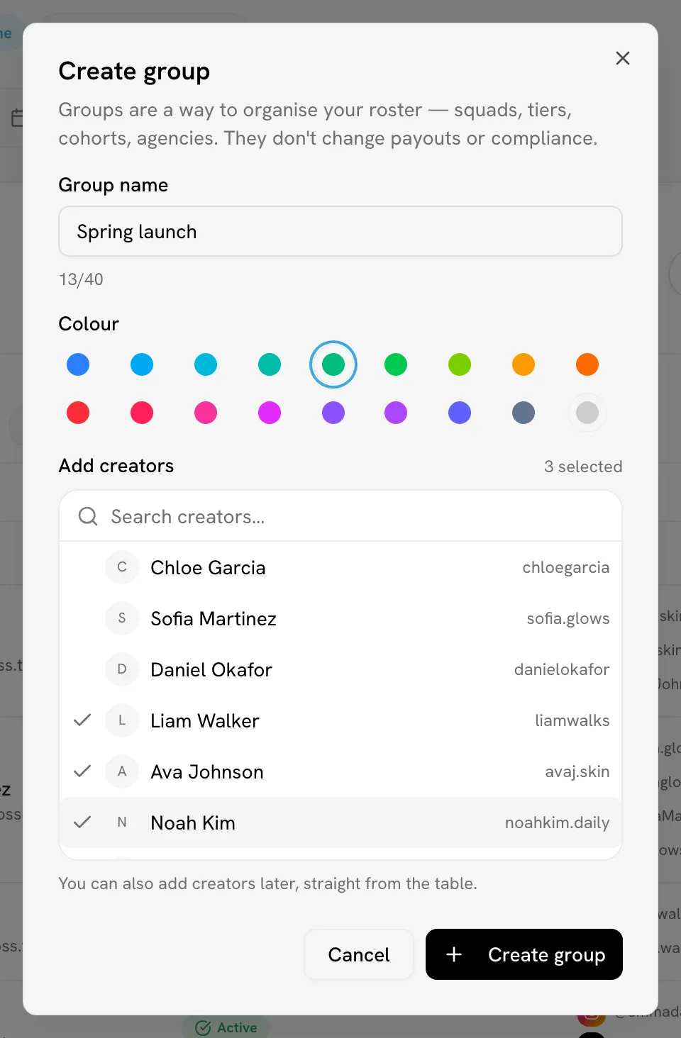 Create group dialog with a name, a color and three creators selected