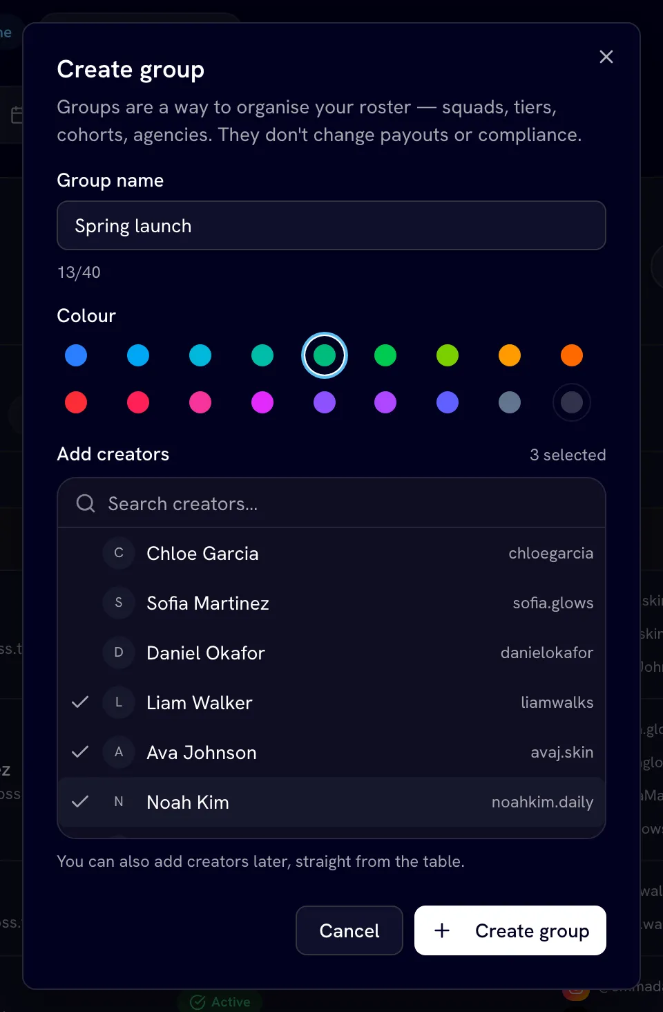 Create group dialog with a name, a color and three creators selected