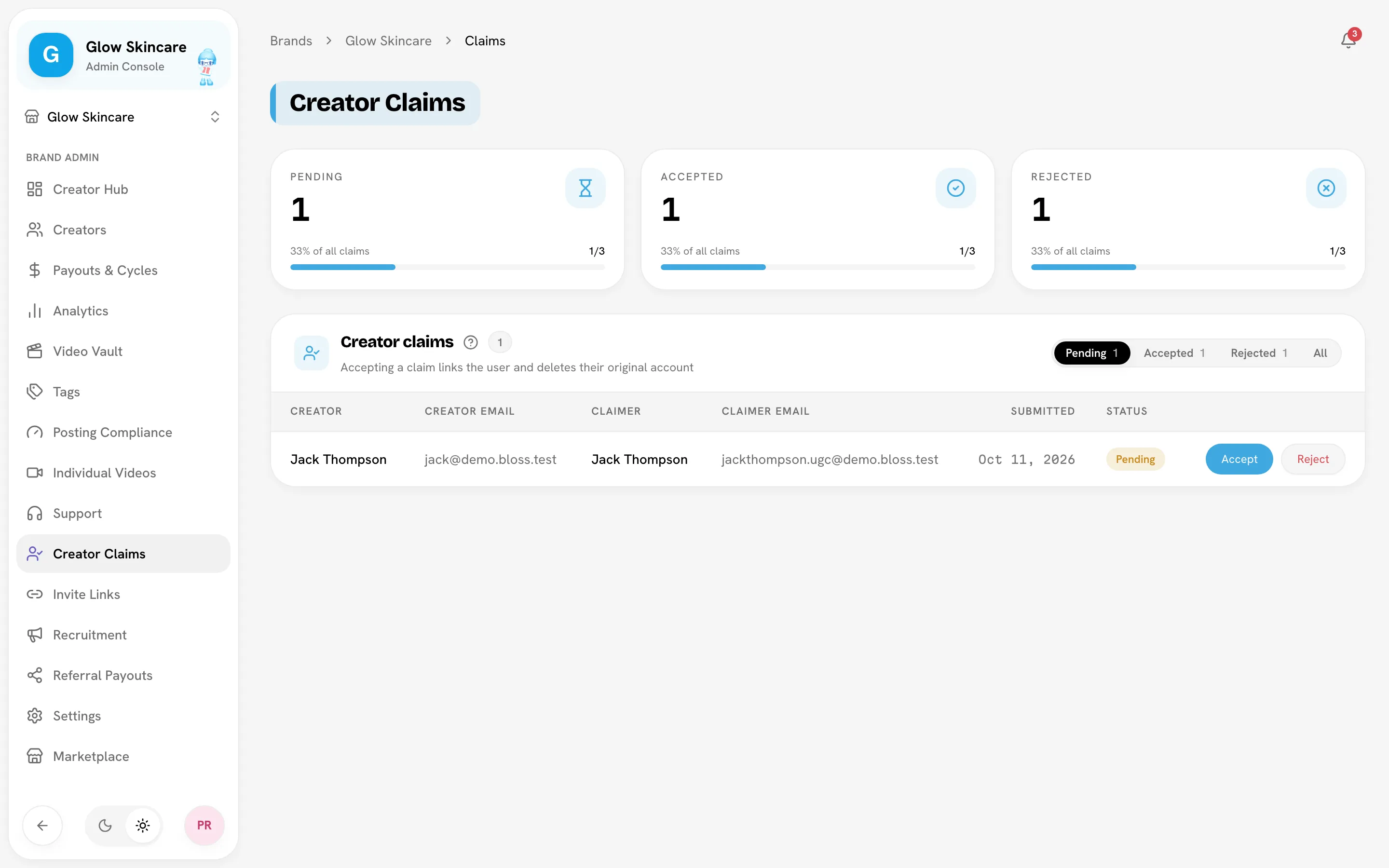 Creator Claims table with one pending claim and the Accept and Reject buttons