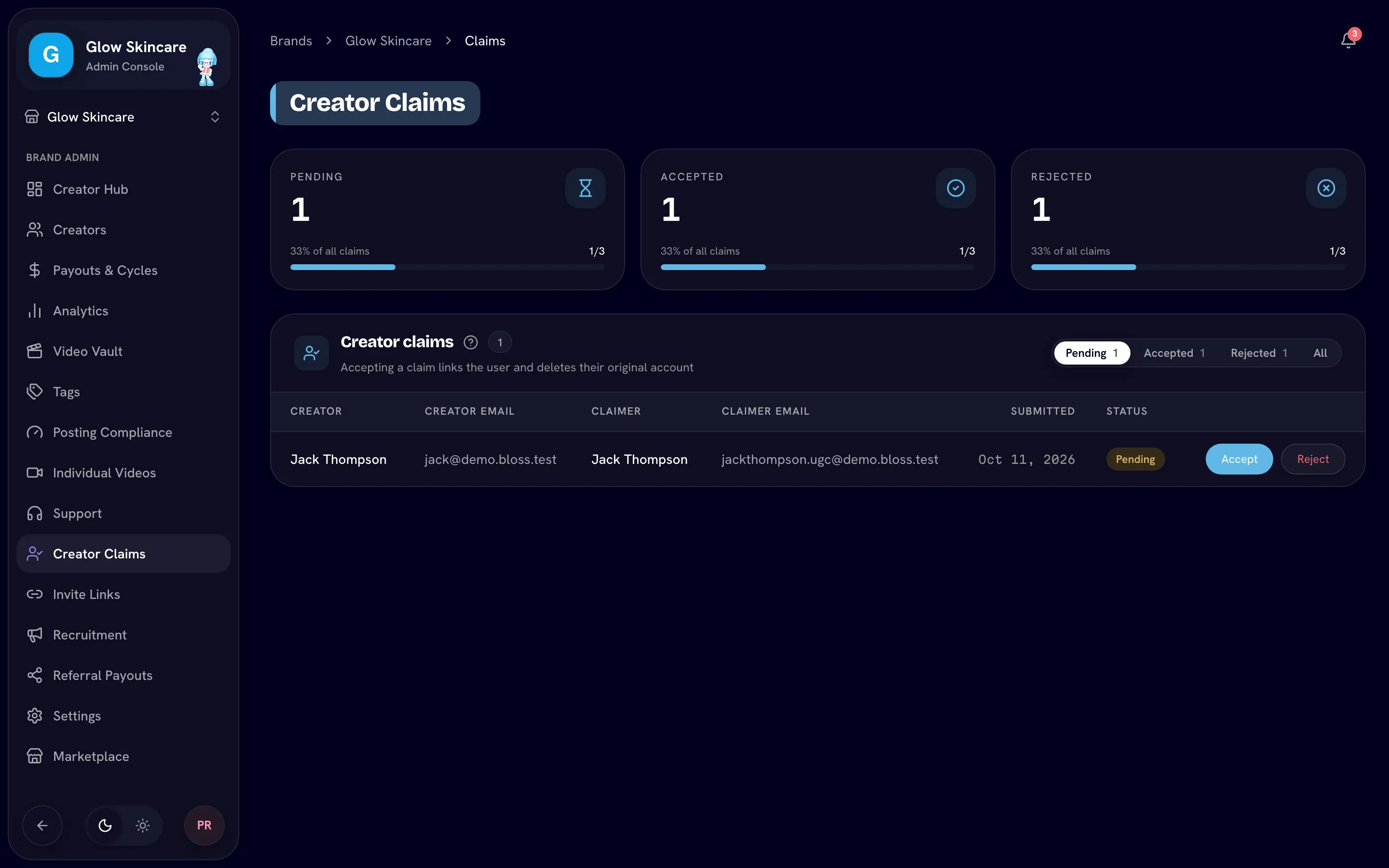 Creator Claims table with one pending claim and the Accept and Reject buttons