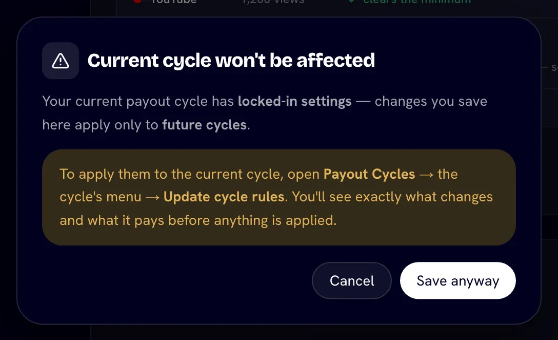 The "Current cycle won't be affected" dialog after saving Base Pay