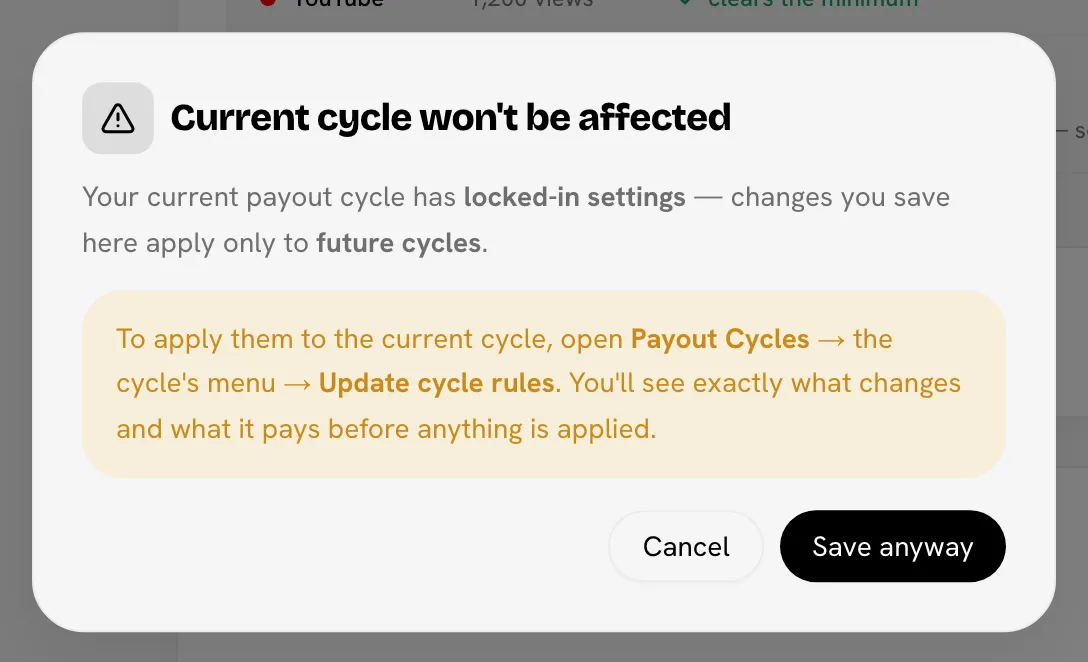 The "Current cycle won't be affected" dialog after saving Base Pay