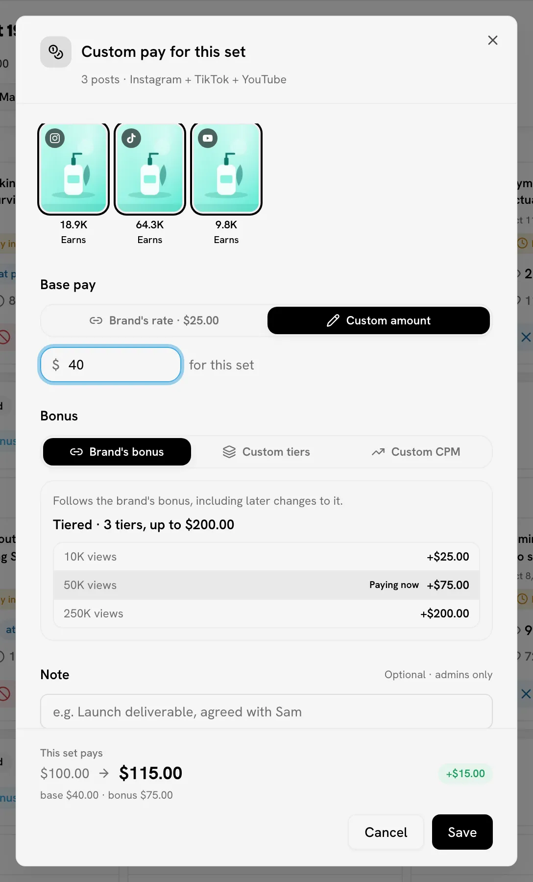 Custom pay for this set dialog with a custom base amount and the brand's bonus