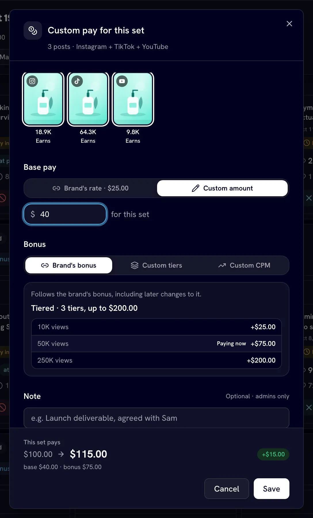 Custom pay for this set dialog with a custom base amount and the brand's bonus