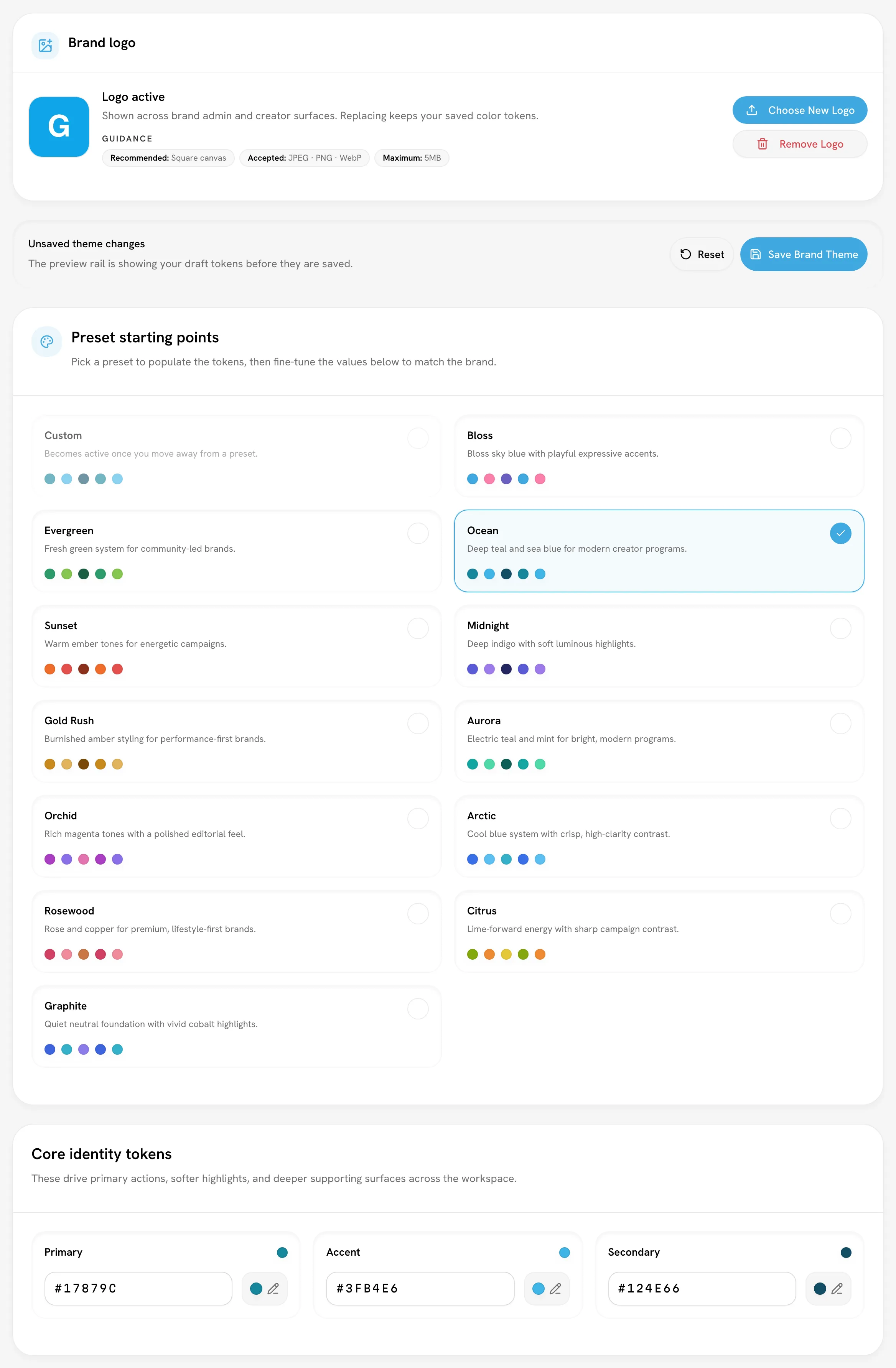 Brand appearance card with a logo, the preset grid with Ocean selected, and the core identity tokens