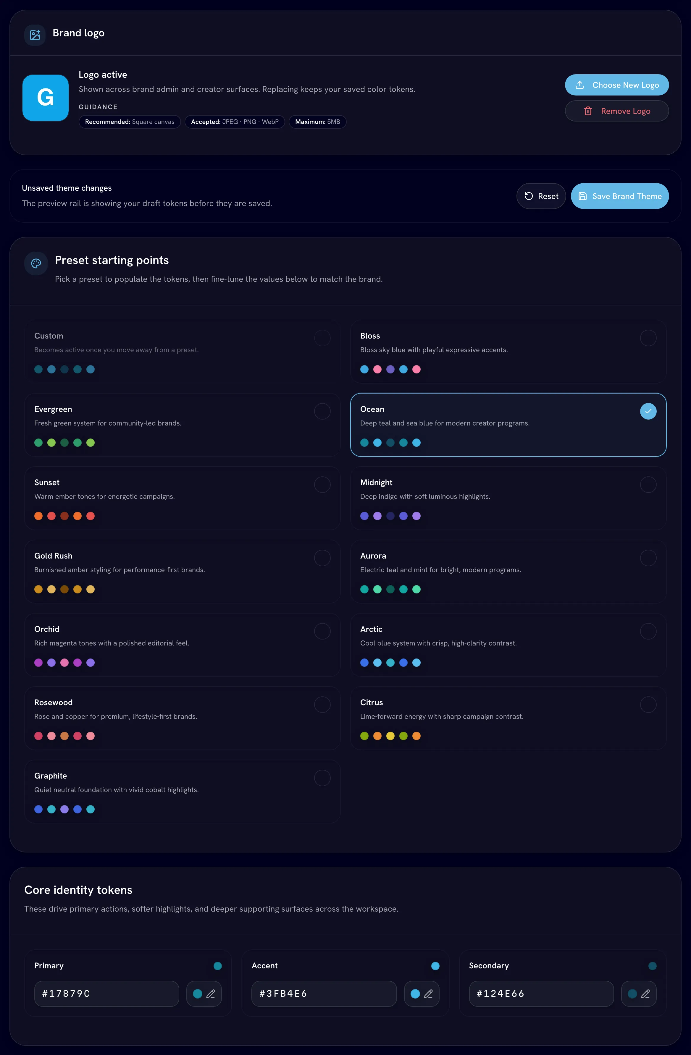 Brand appearance card with a logo, the preset grid with Ocean selected, and the core identity tokens
