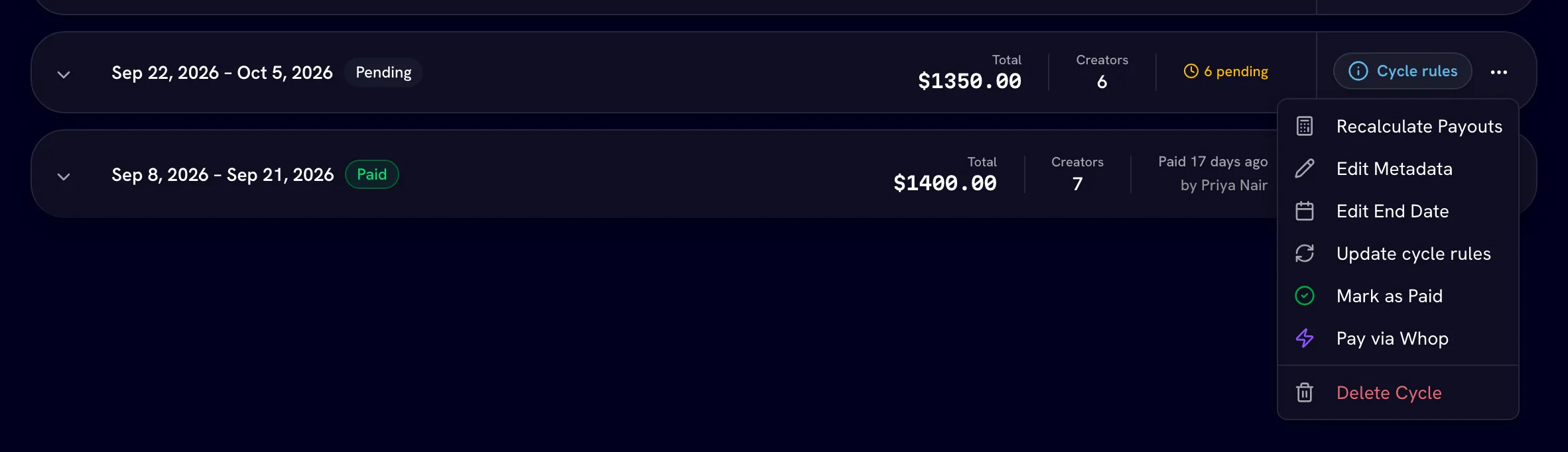A pending, ended cycle with its ⋯ menu open showing Recalculate, Edit End Date, Update cycle rules, Mark as Paid, Pay via Whop