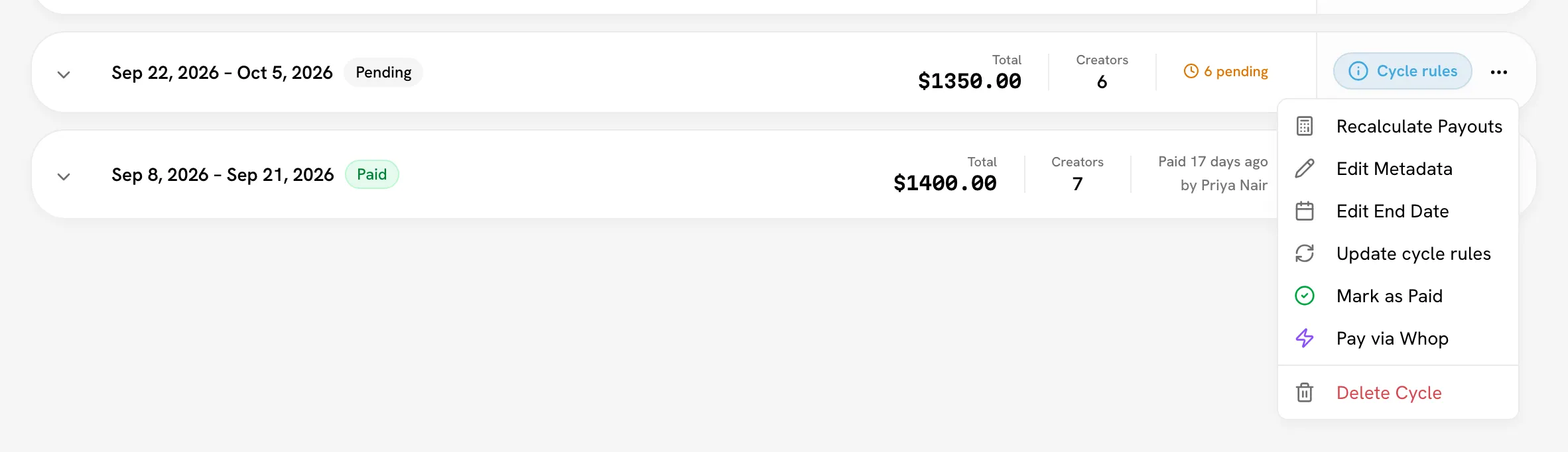 A pending, ended cycle with its ⋯ menu open showing Recalculate, Edit End Date, Update cycle rules, Mark as Paid, Pay via Whop