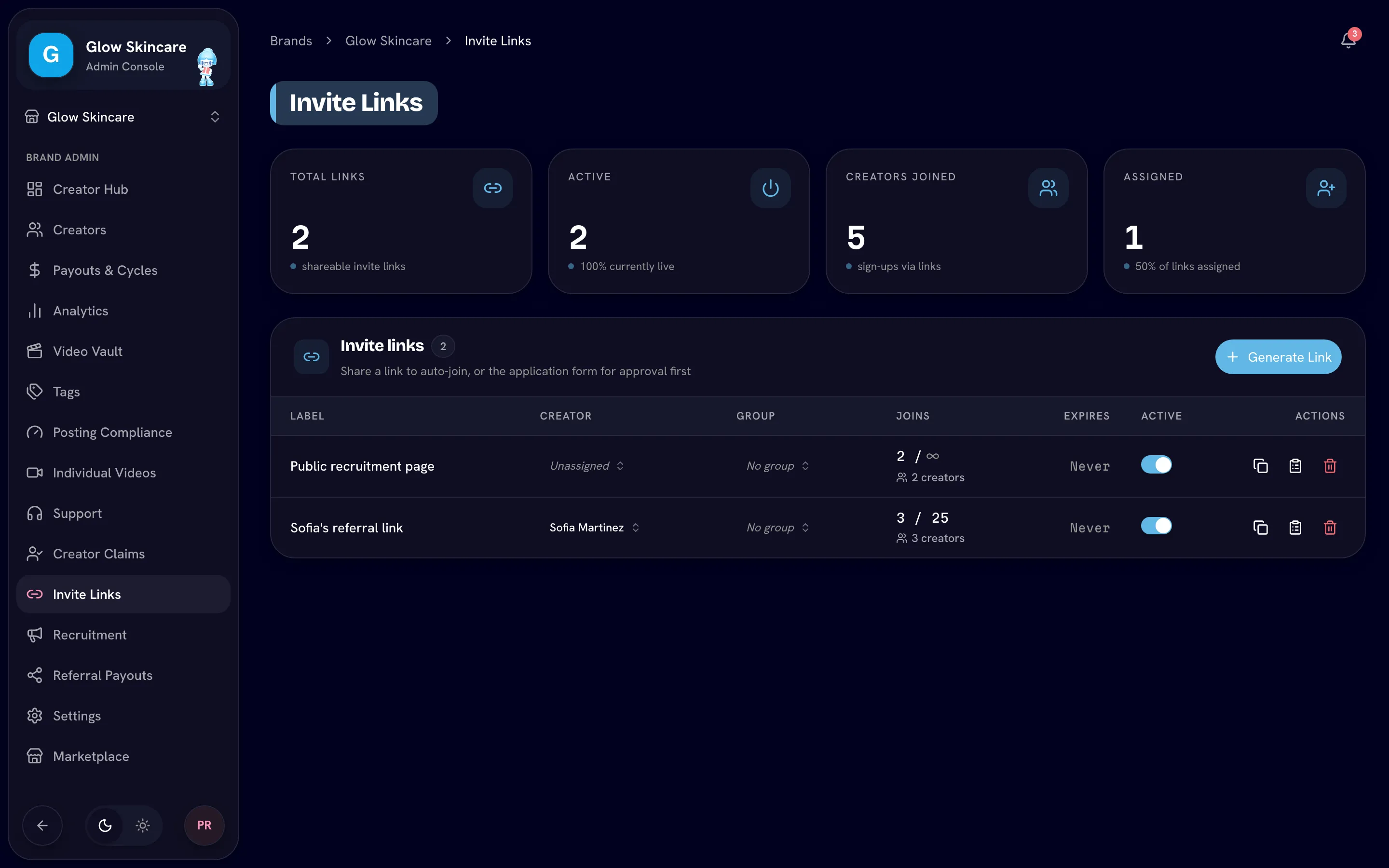 Invite Links page with the KPI tiles and two links in the table, one assigned to a creator
