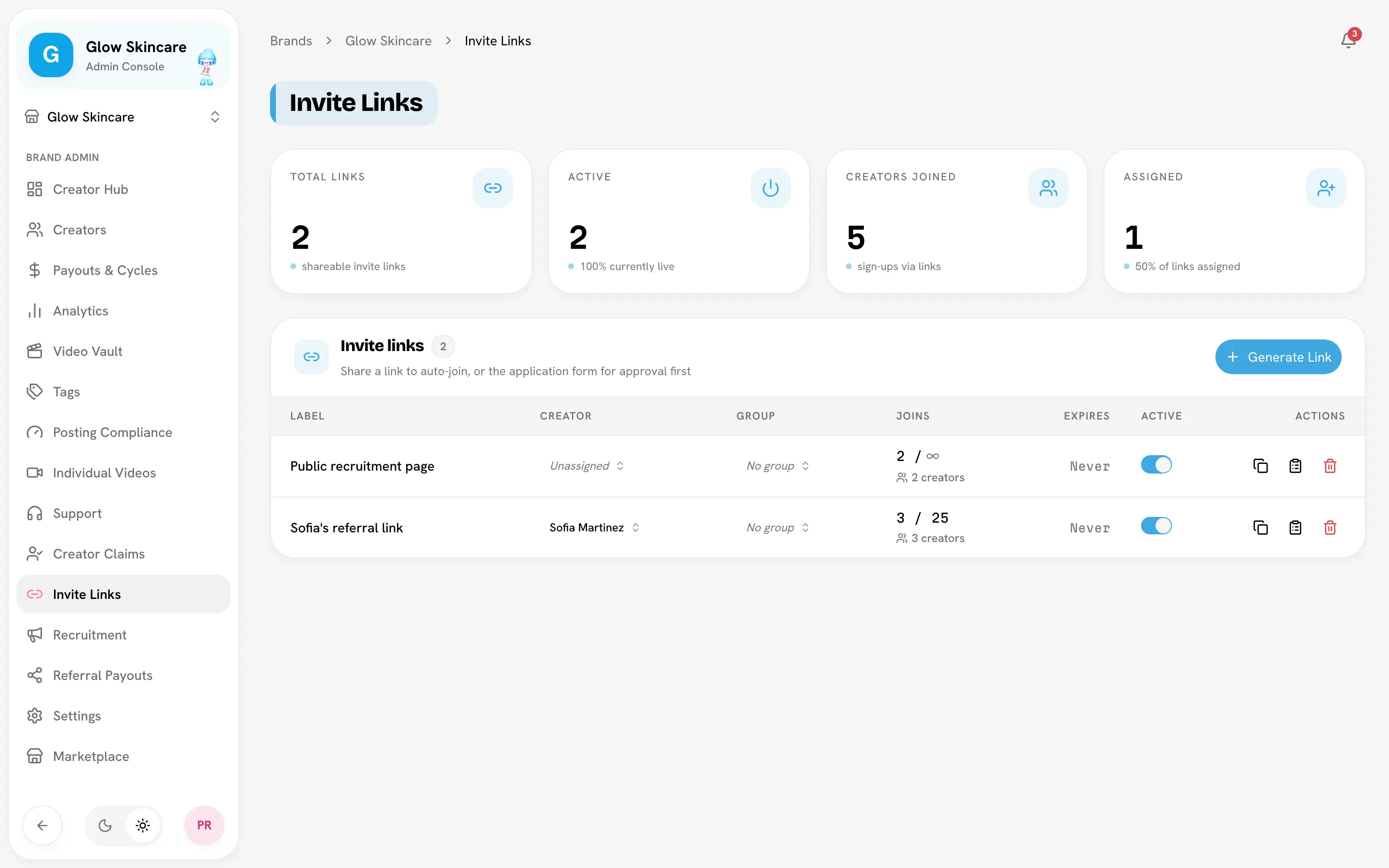 Invite Links page with the KPI tiles and two links in the table, one assigned to a creator