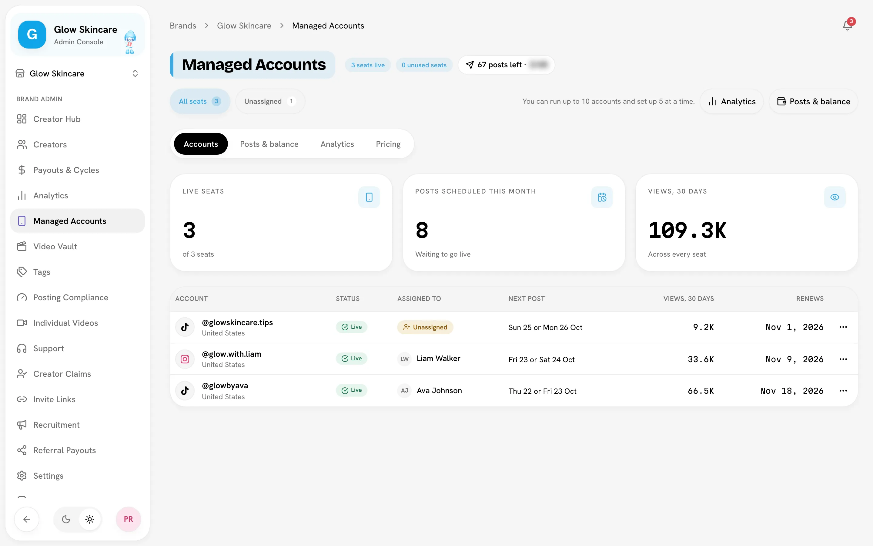 Accounts tab with KPI tiles, the All seats / Unassigned filter and three seats