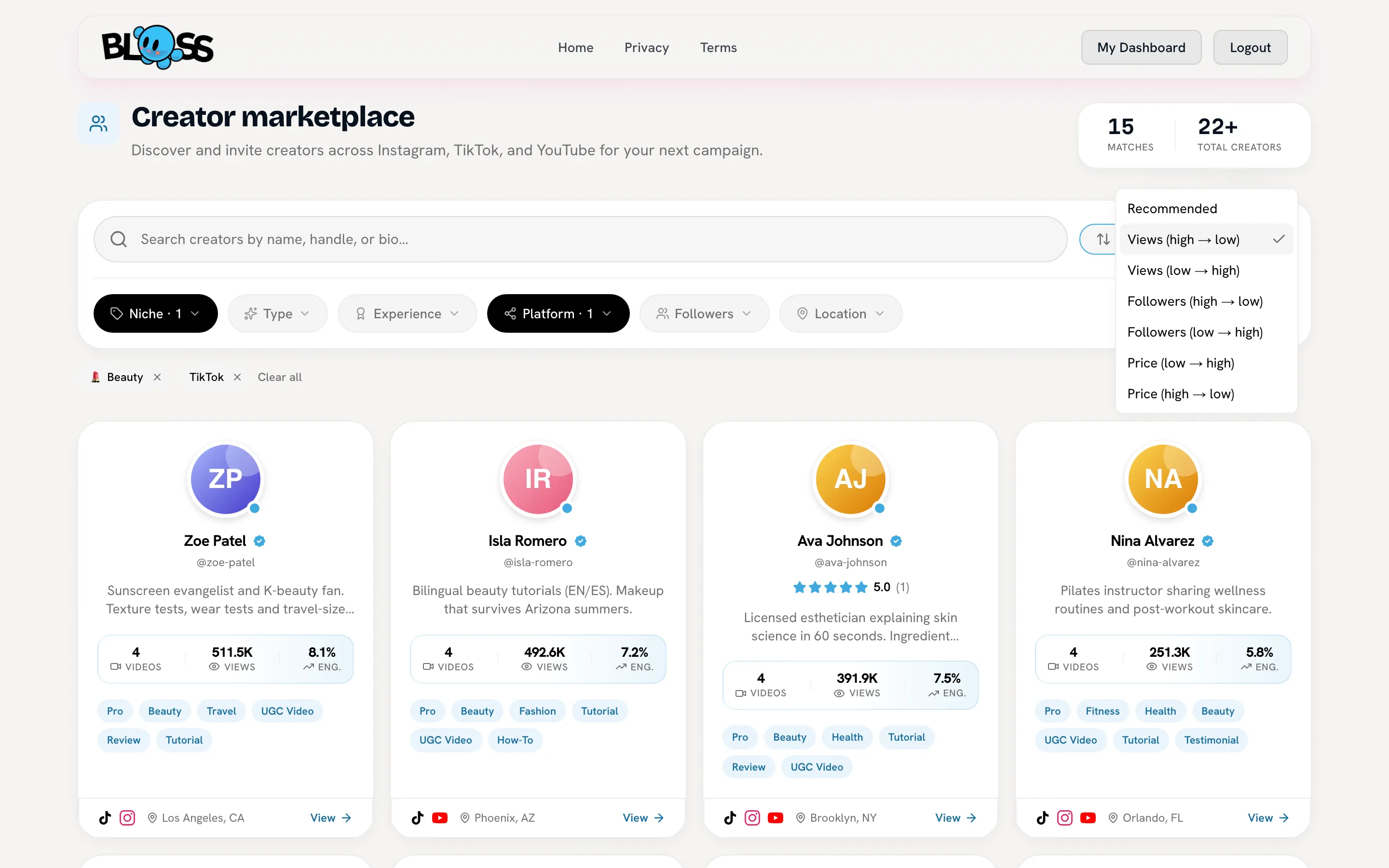 Creator marketplace with Niche and Platform filters applied and the sort menu open