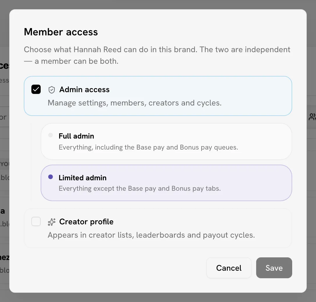 Member access dialog with Admin access ticked and the Full admin / Limited admin options