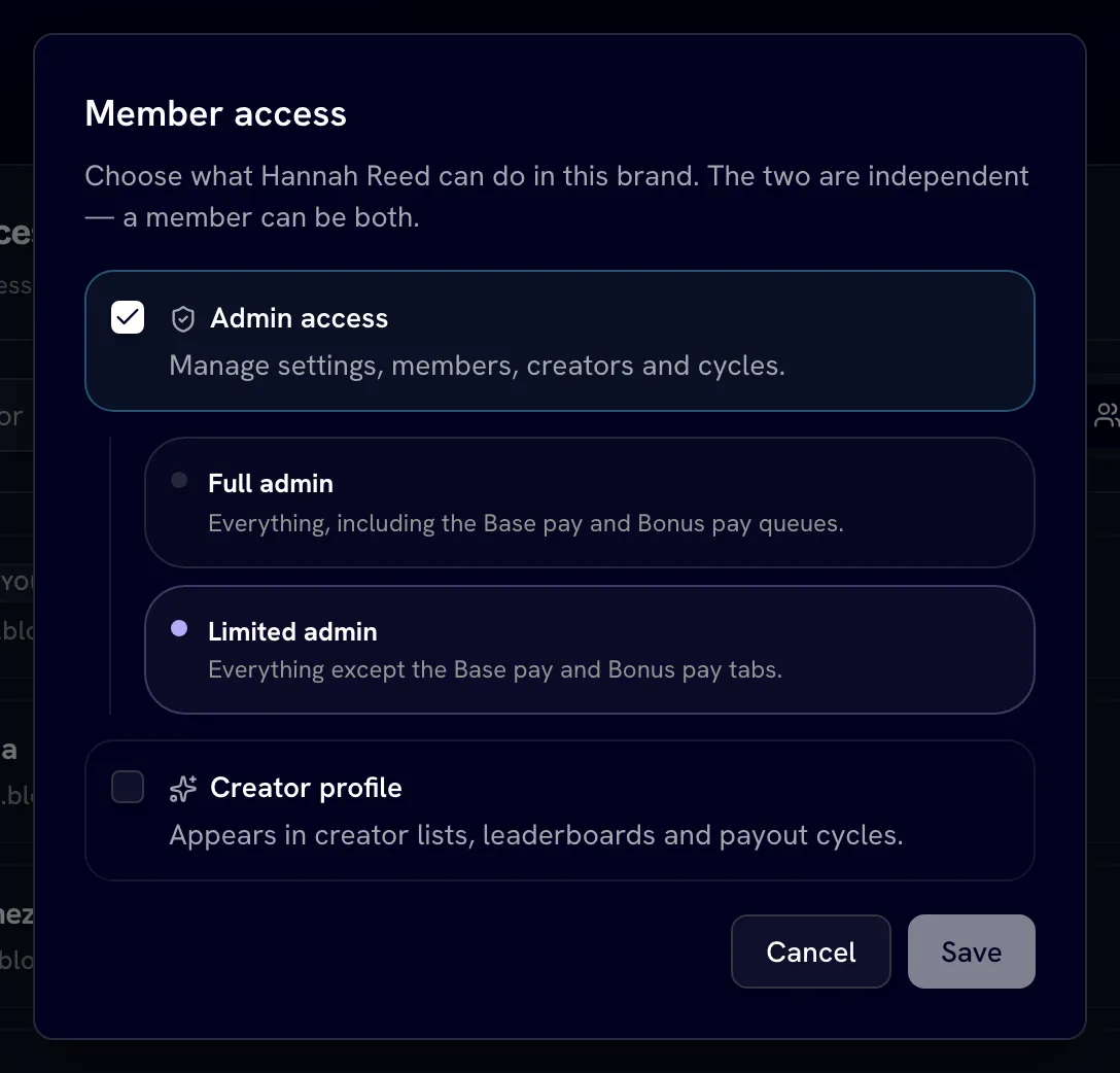Member access dialog with Admin access ticked and the Full admin / Limited admin options