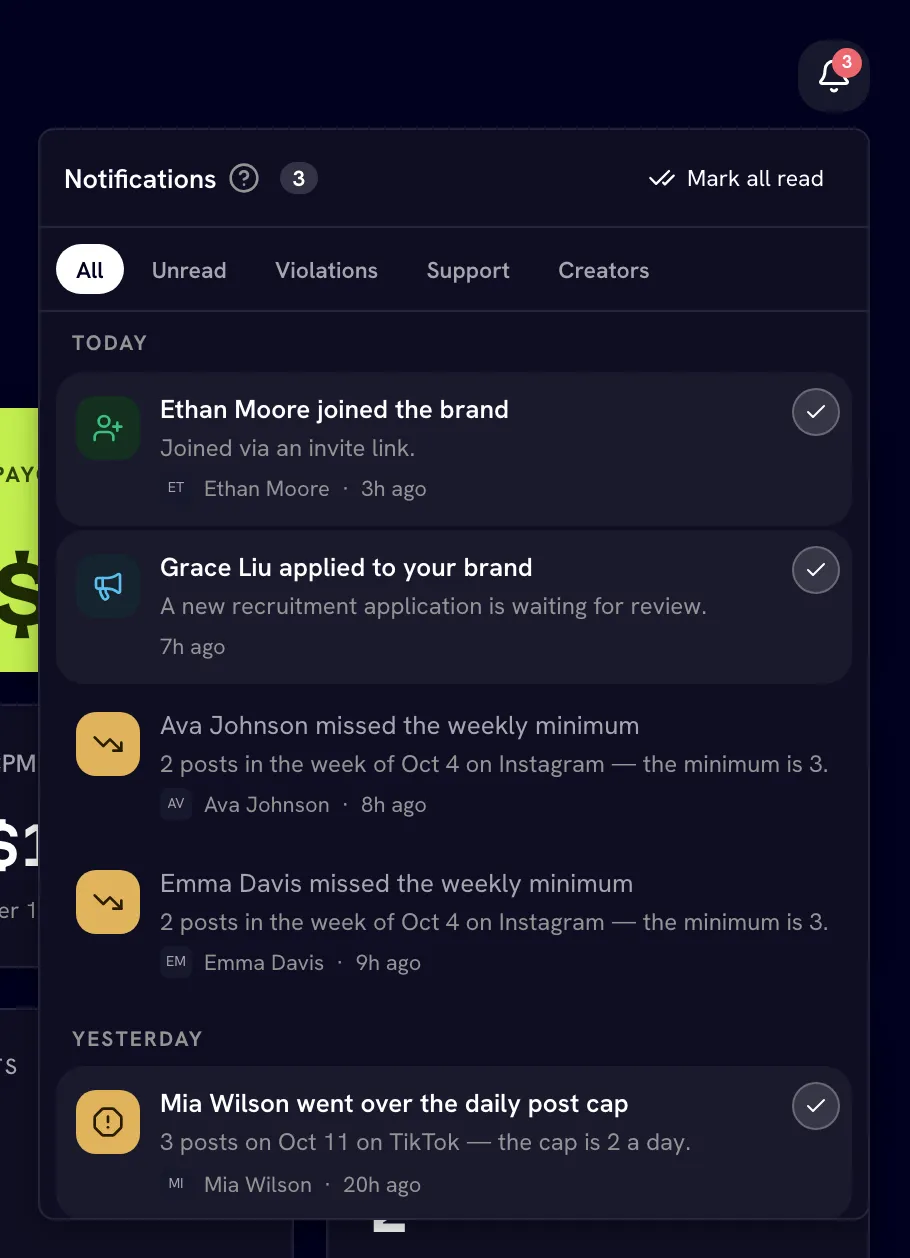 Notification panel open with filter tabs and a mix of compliance and creator rows