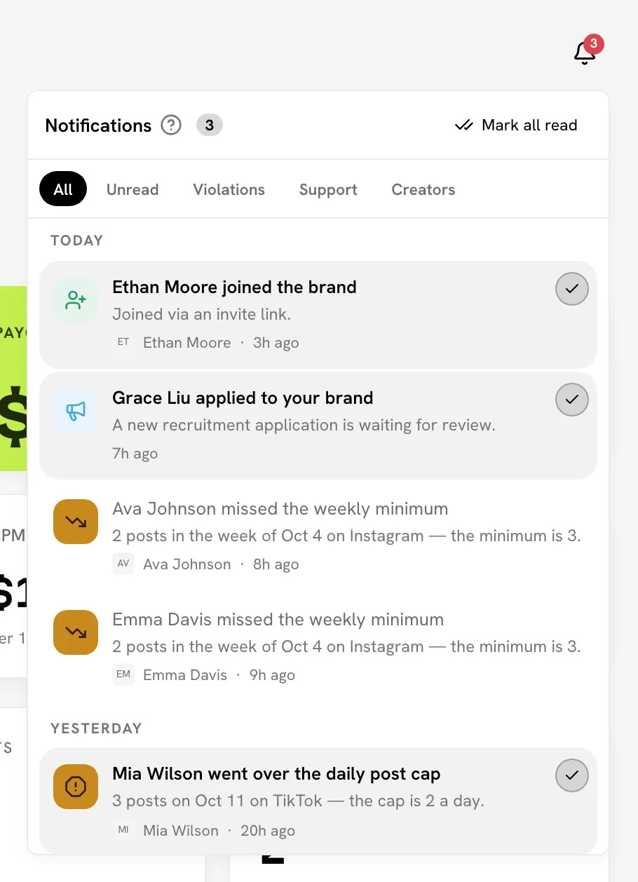 Notification panel open with filter tabs and a mix of compliance and creator rows