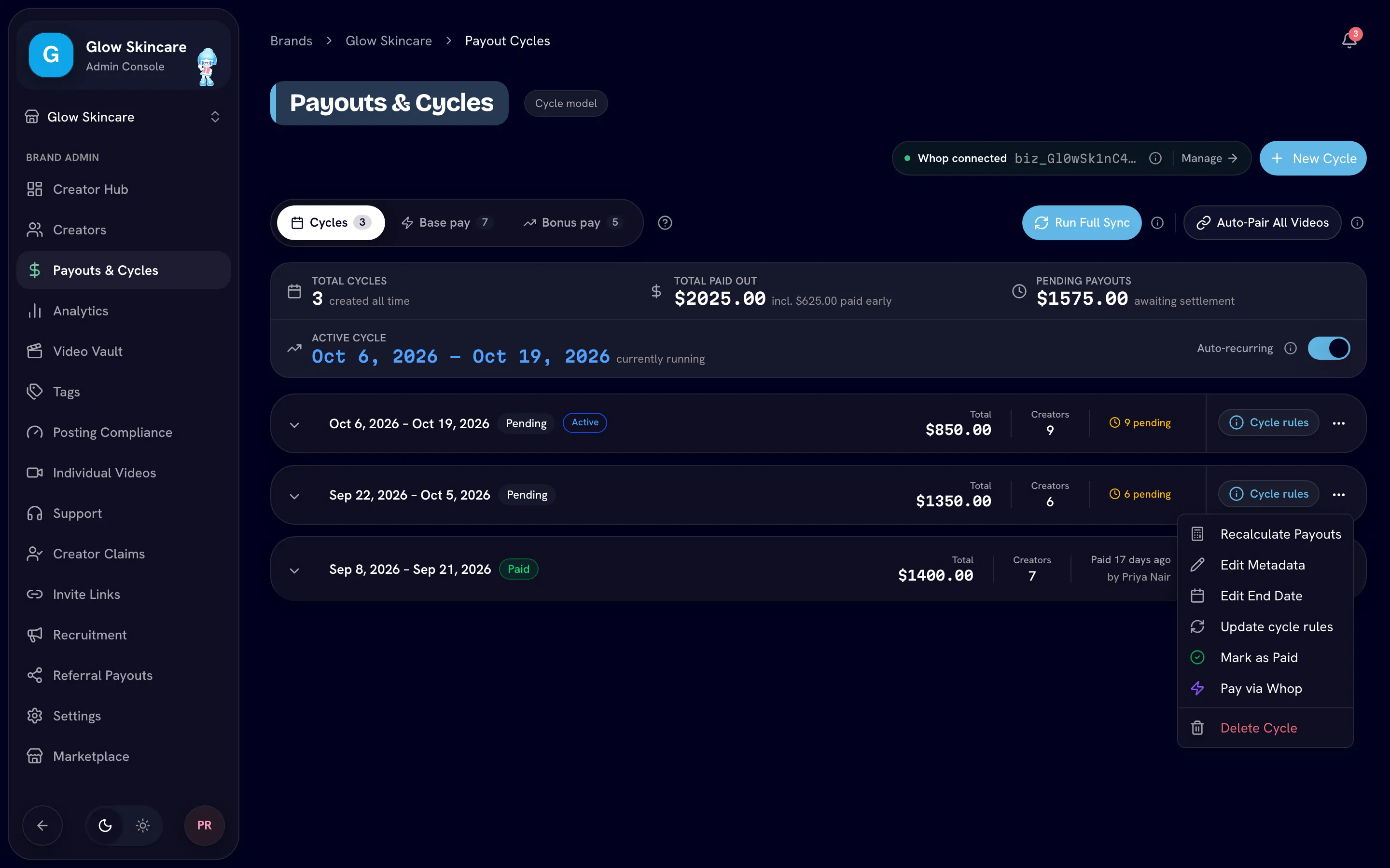 Cycles tab with the stats card, two cycles and one cycle's menu open