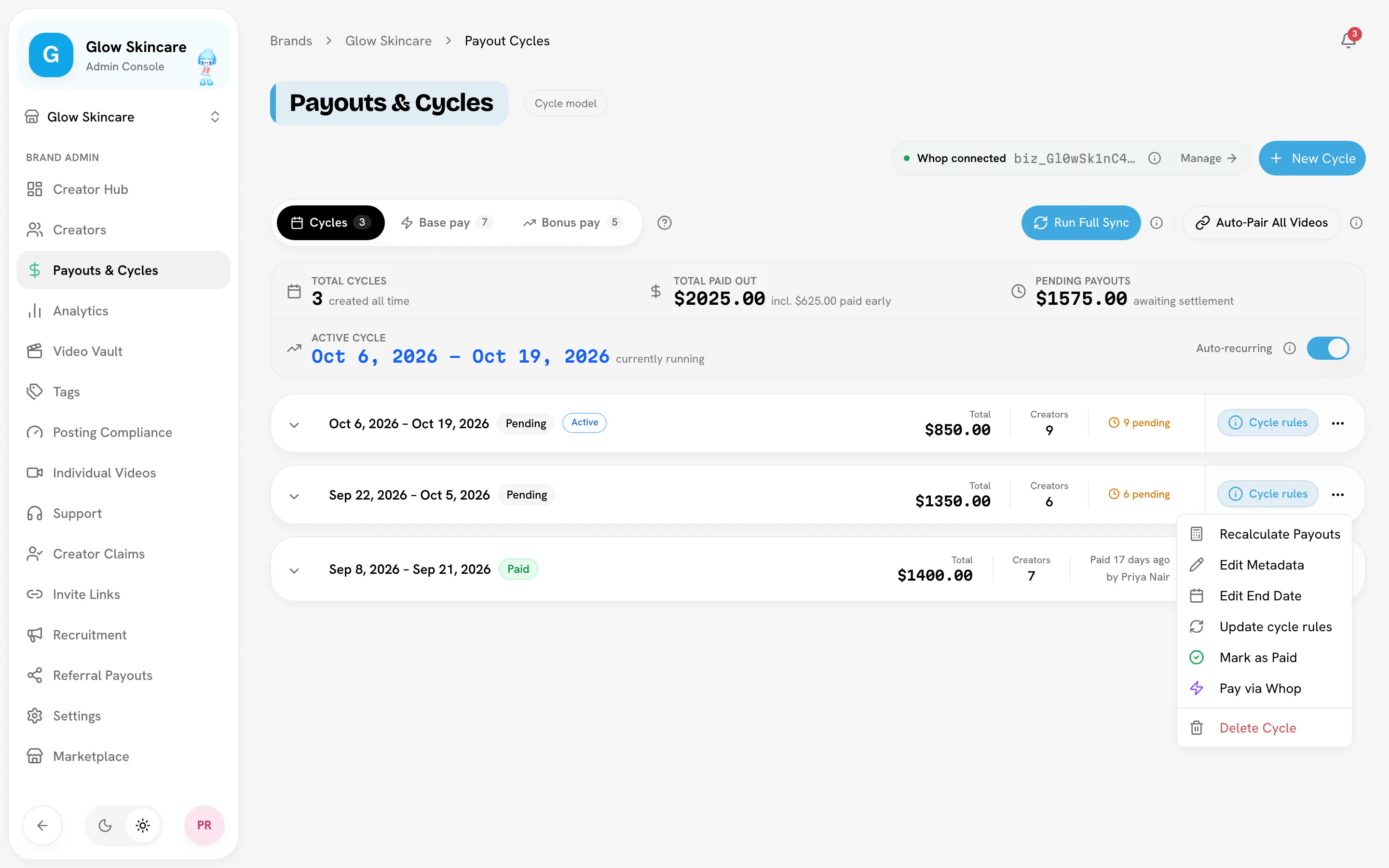 Cycles tab with the stats card, two cycles and one cycle's menu open