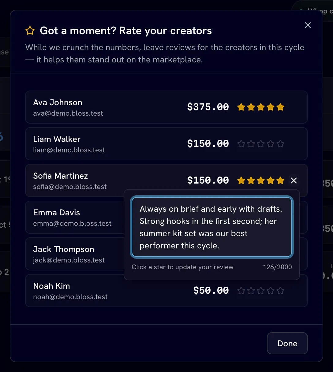 Got a moment? Rate your creators, with two creators rated and one note open
