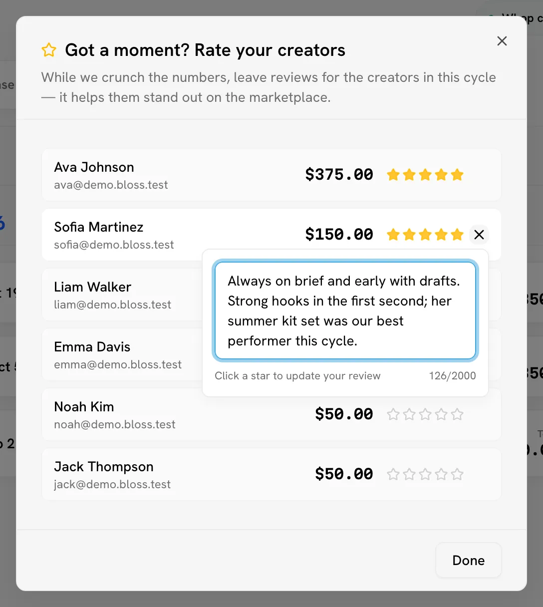 Got a moment? Rate your creators, with two creators rated and one note open