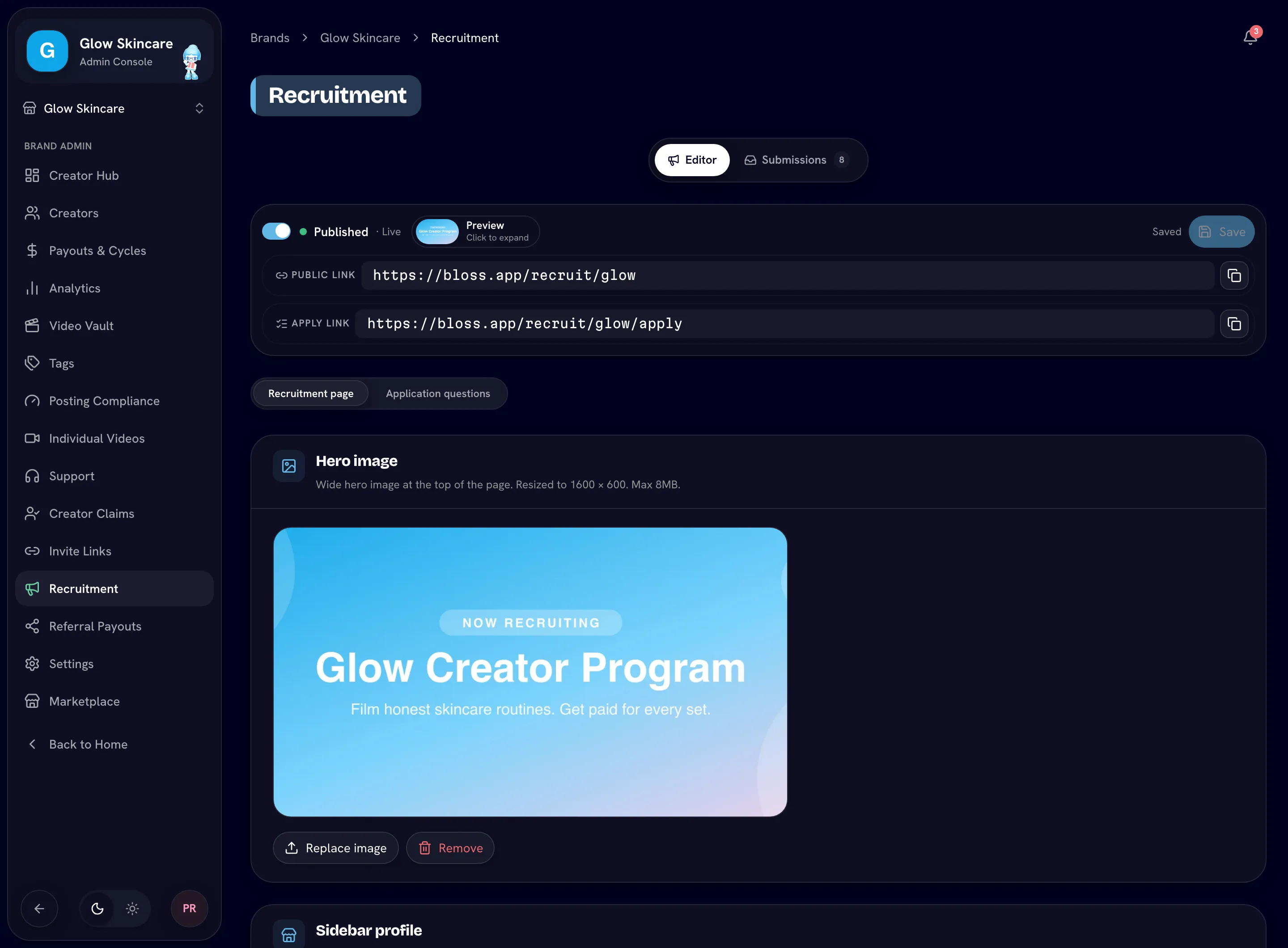 Editor tab with the publish switch, Public link and Apply link, and the Hero image card