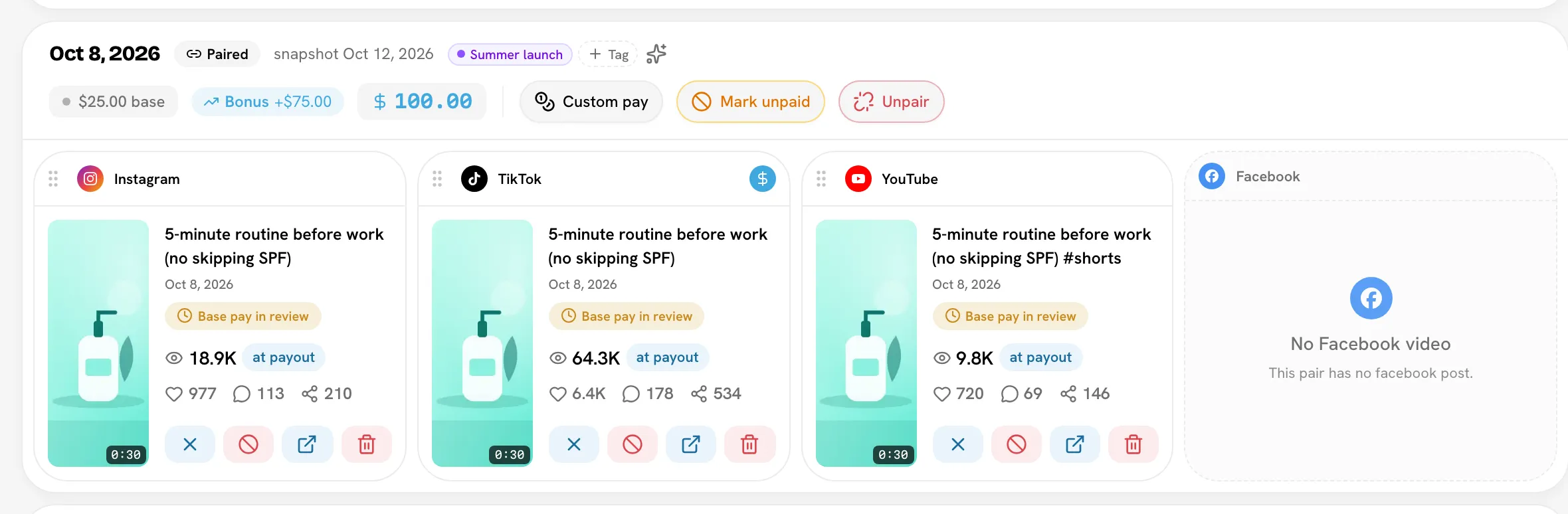 One set in a creator's Videos tab: Instagram, TikTok and YouTube posts side by side with base, bonus and total