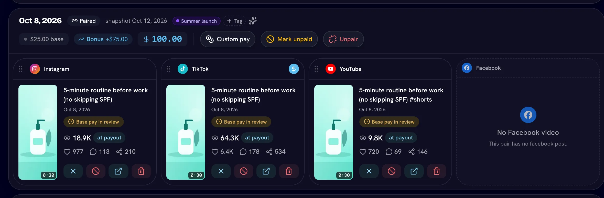 One set in a creator's Videos tab: Instagram, TikTok and YouTube posts side by side with base, bonus and total