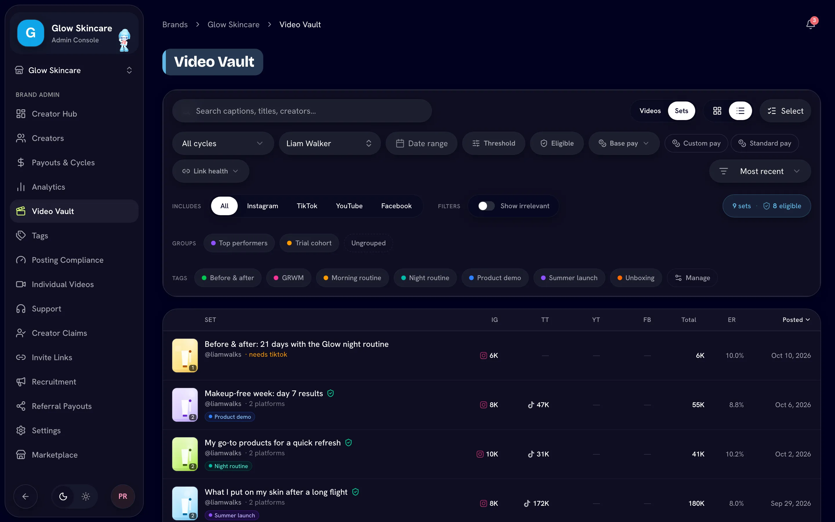 Sets view with one eligible set (shield icon) and one set marked "needs TikTok"