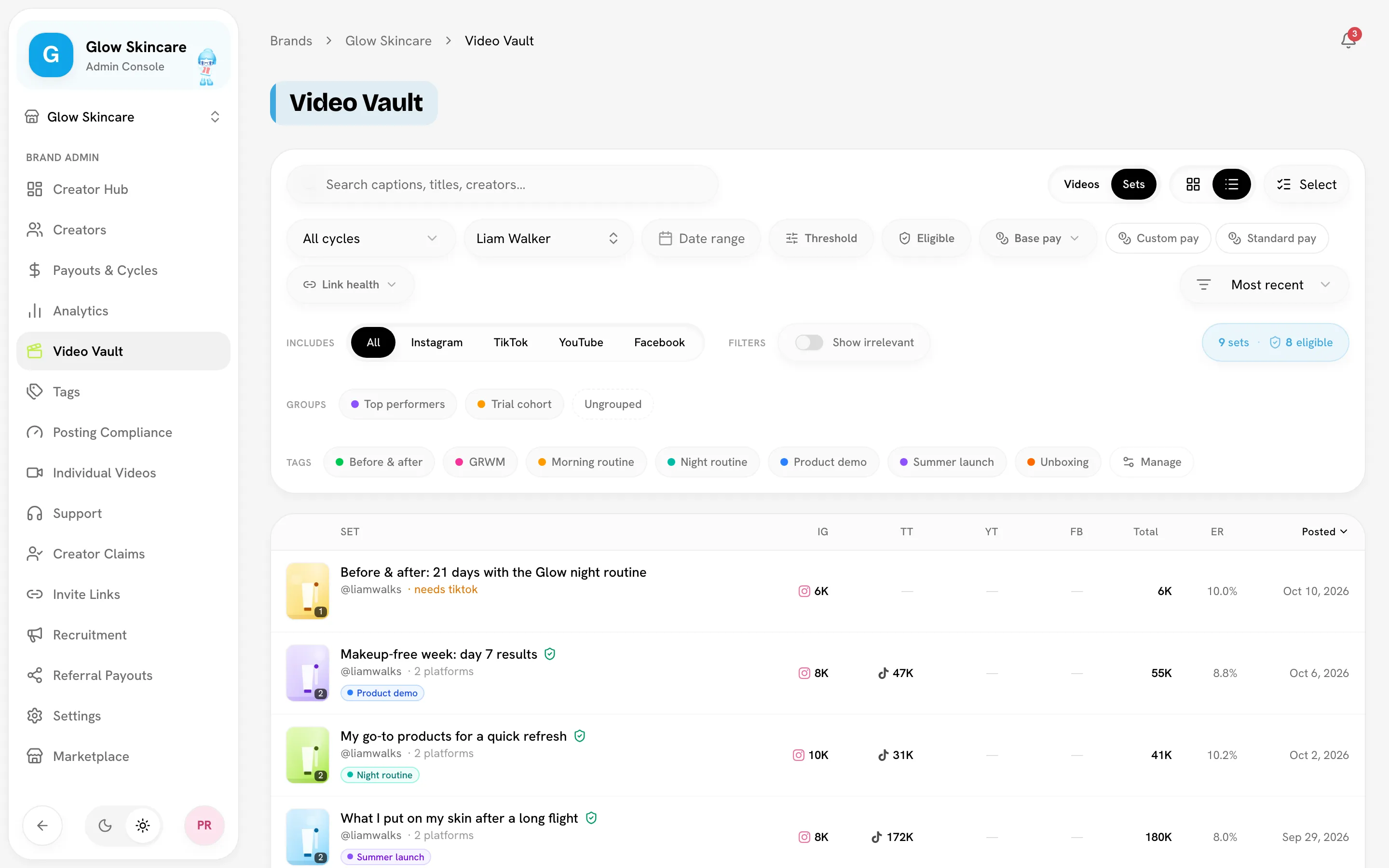 Sets view with one eligible set (shield icon) and one set marked "needs TikTok"