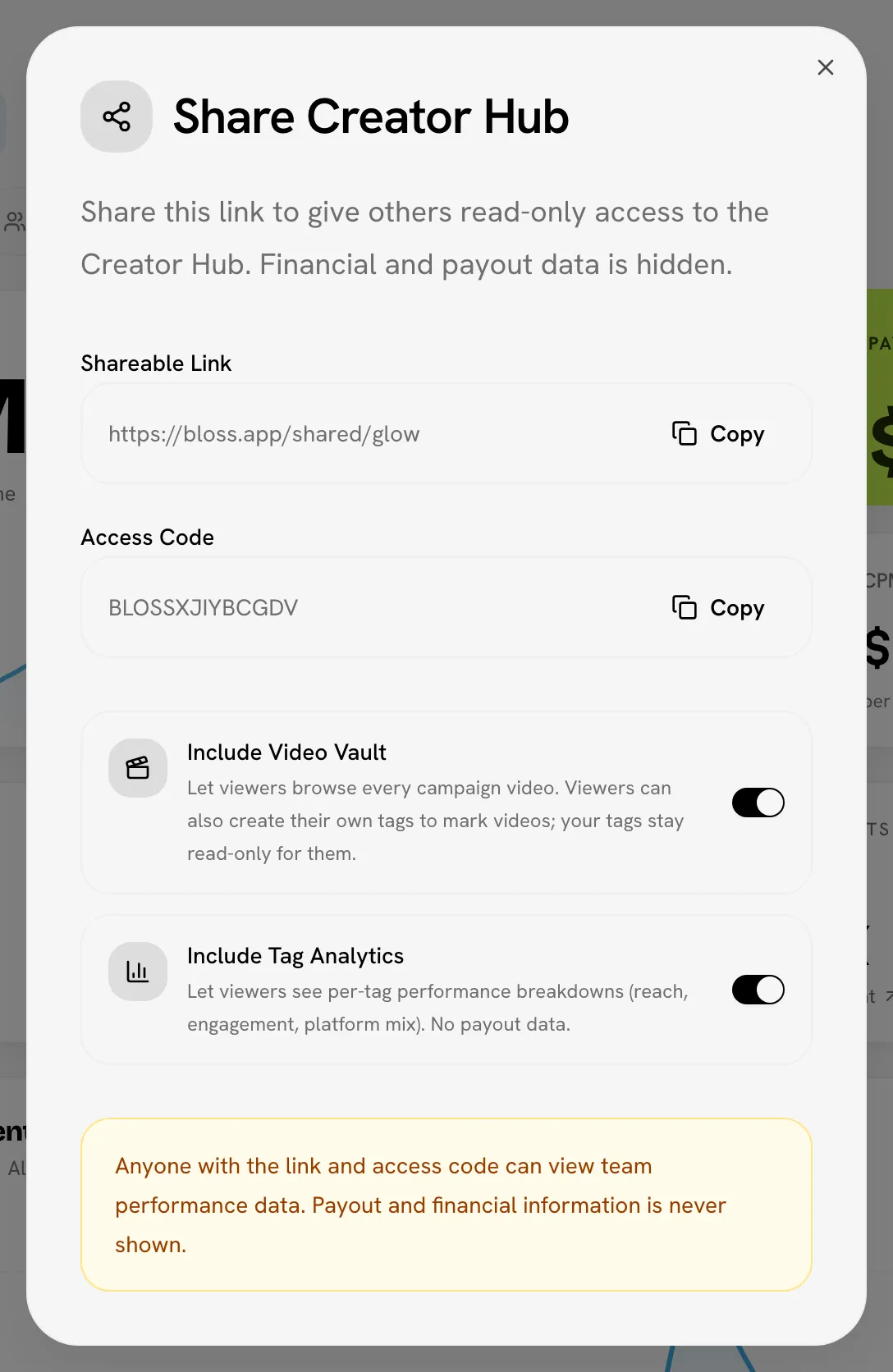Share Creator Hub dialog with the link, access code and both Include switches