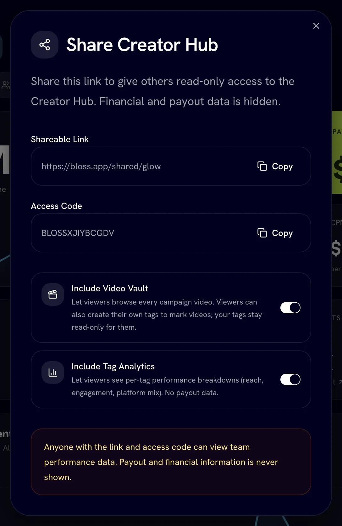 Share Creator Hub dialog with the link, access code and both Include switches