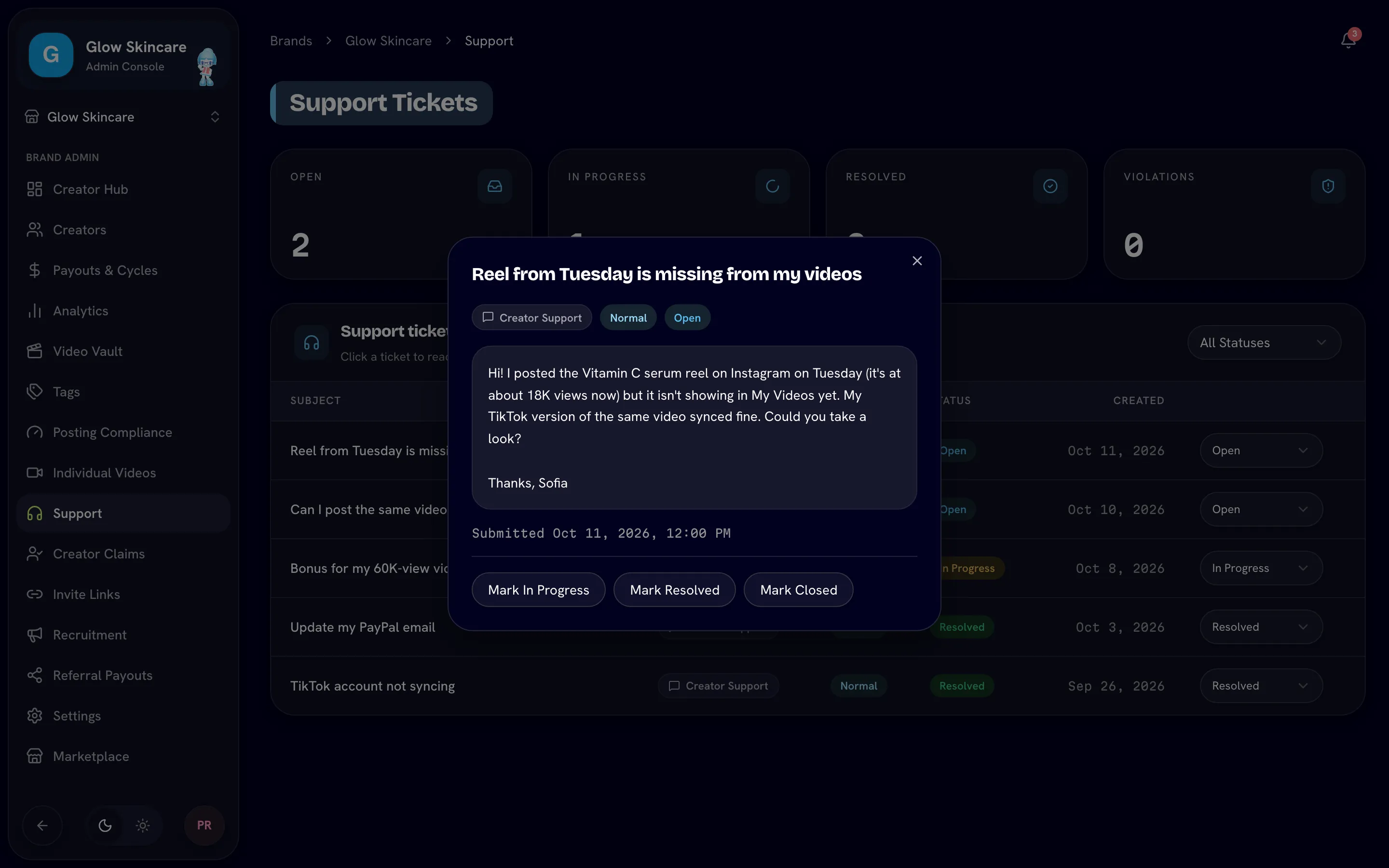 Support Tickets with status tiles and an open ticket dialog