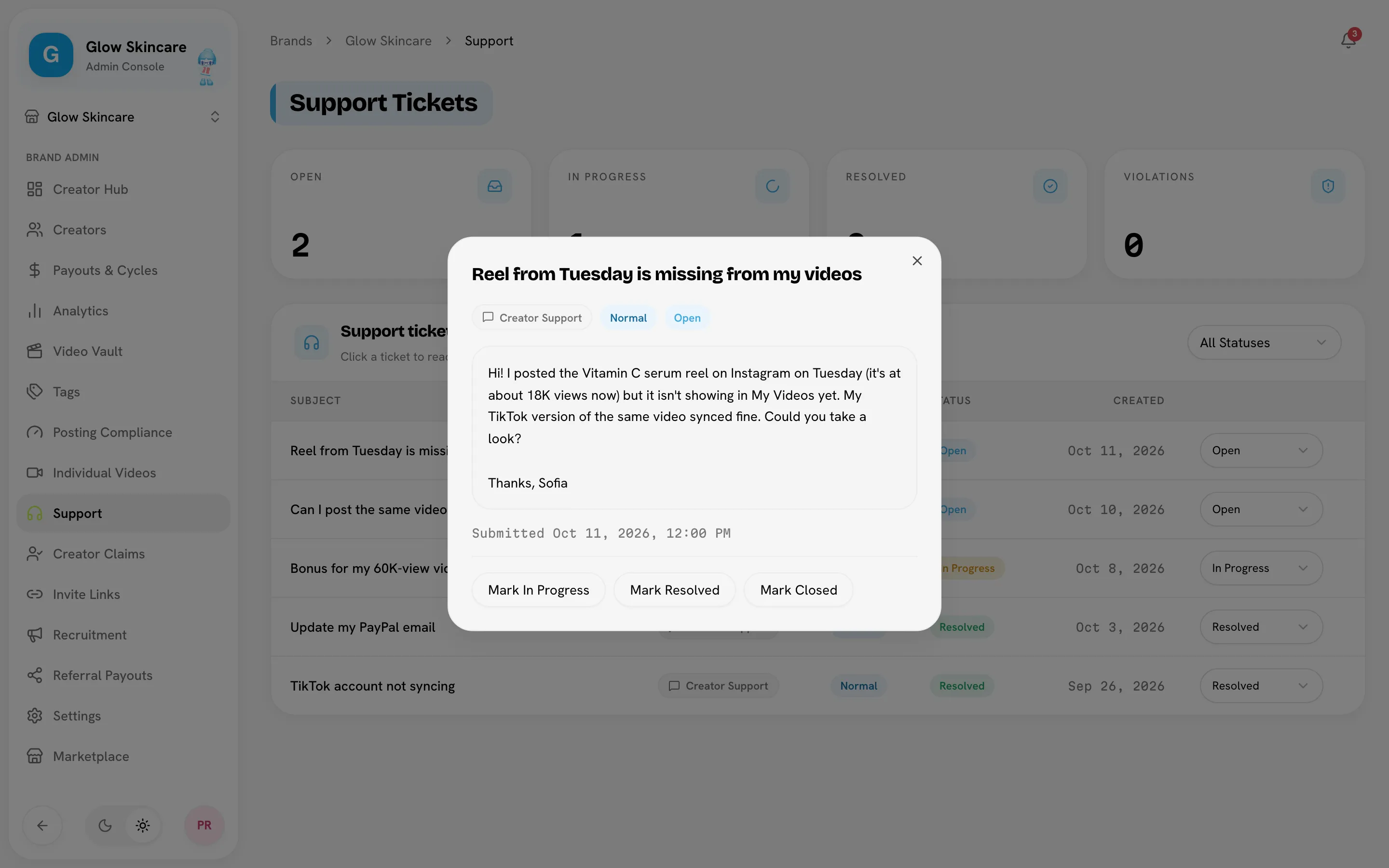 Support Tickets with status tiles and an open ticket dialog