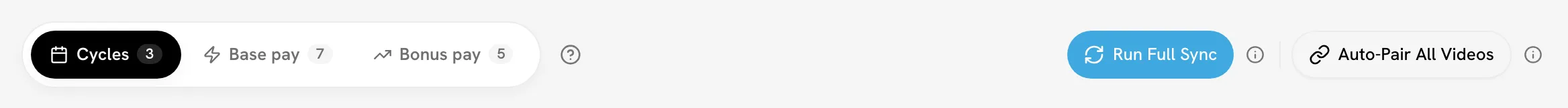Payouts & Cycles tab bar with Run Full Sync and Auto-Pair All Videos at the right