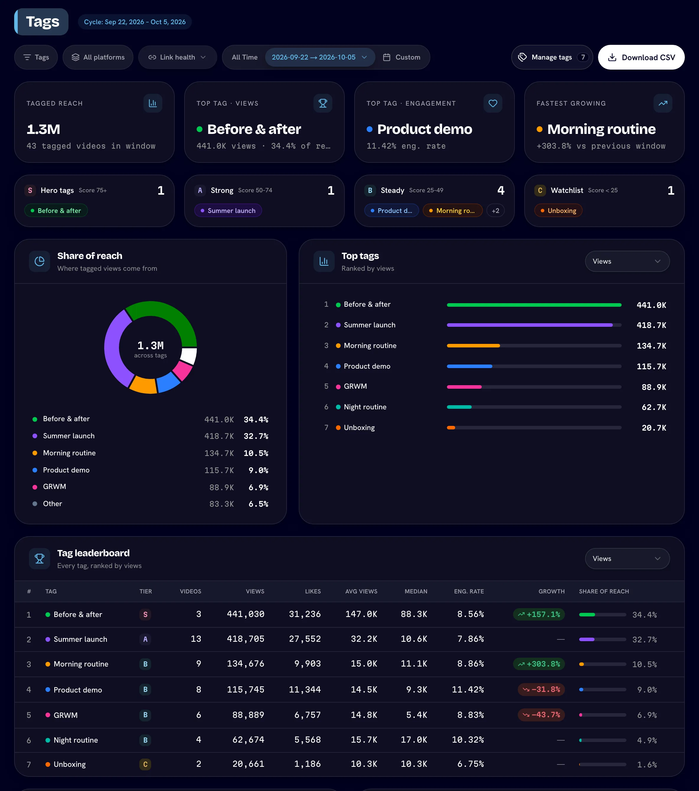 Tag analytics with KPI tiles, the four tier cards and the leaderboard