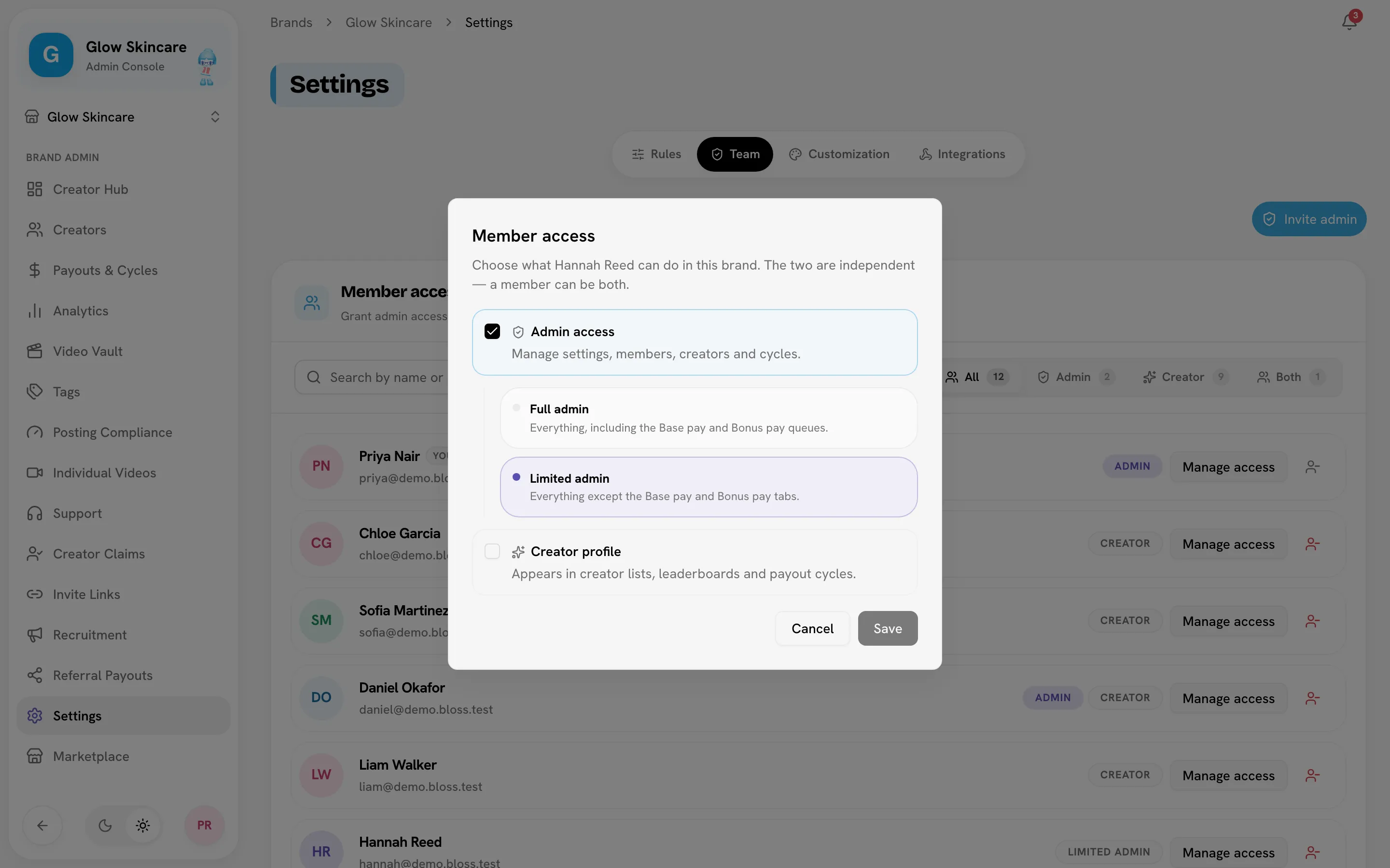 Member access card with the All / Admin / Creator / Both filter and the Manage access dialog open
