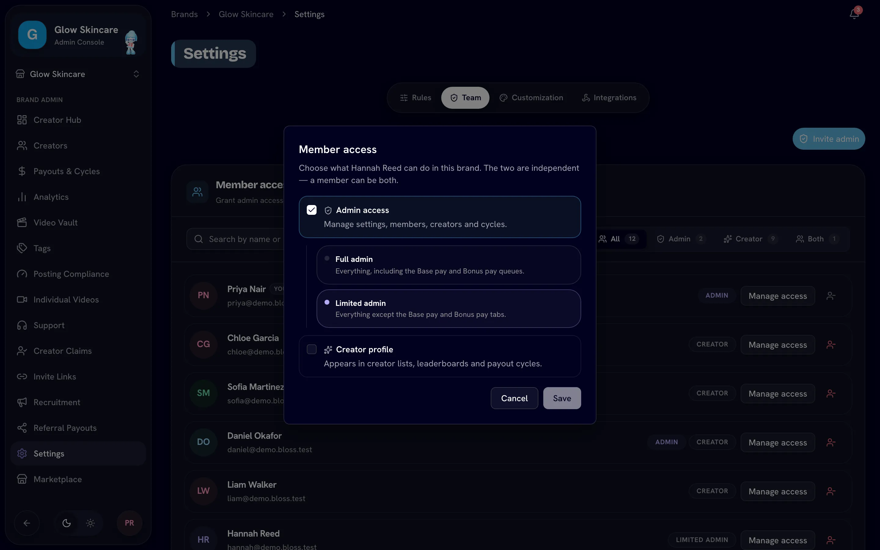 Member access card with the All / Admin / Creator / Both filter and the Manage access dialog open