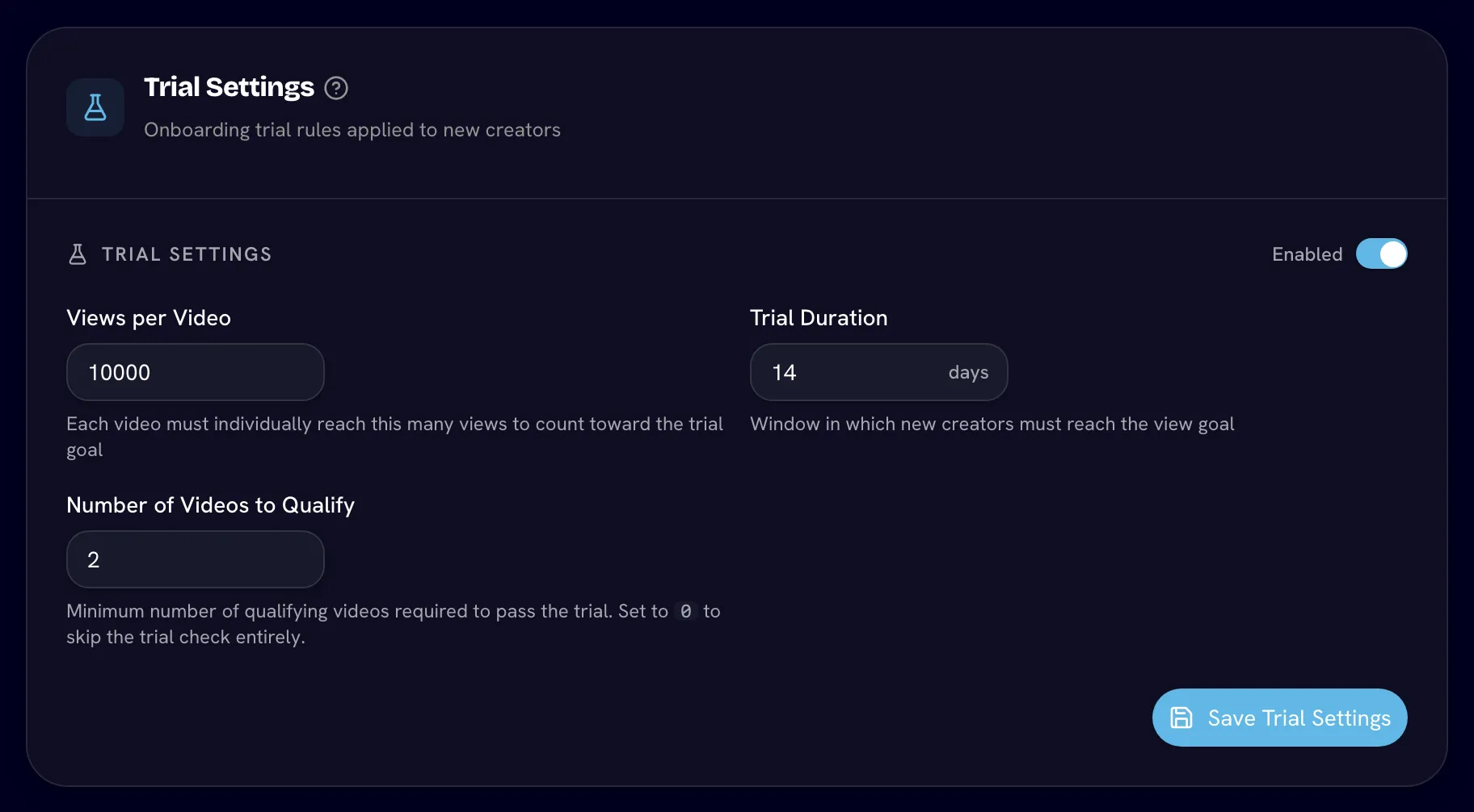 Trial Settings card with trials enabled and the three fields filled