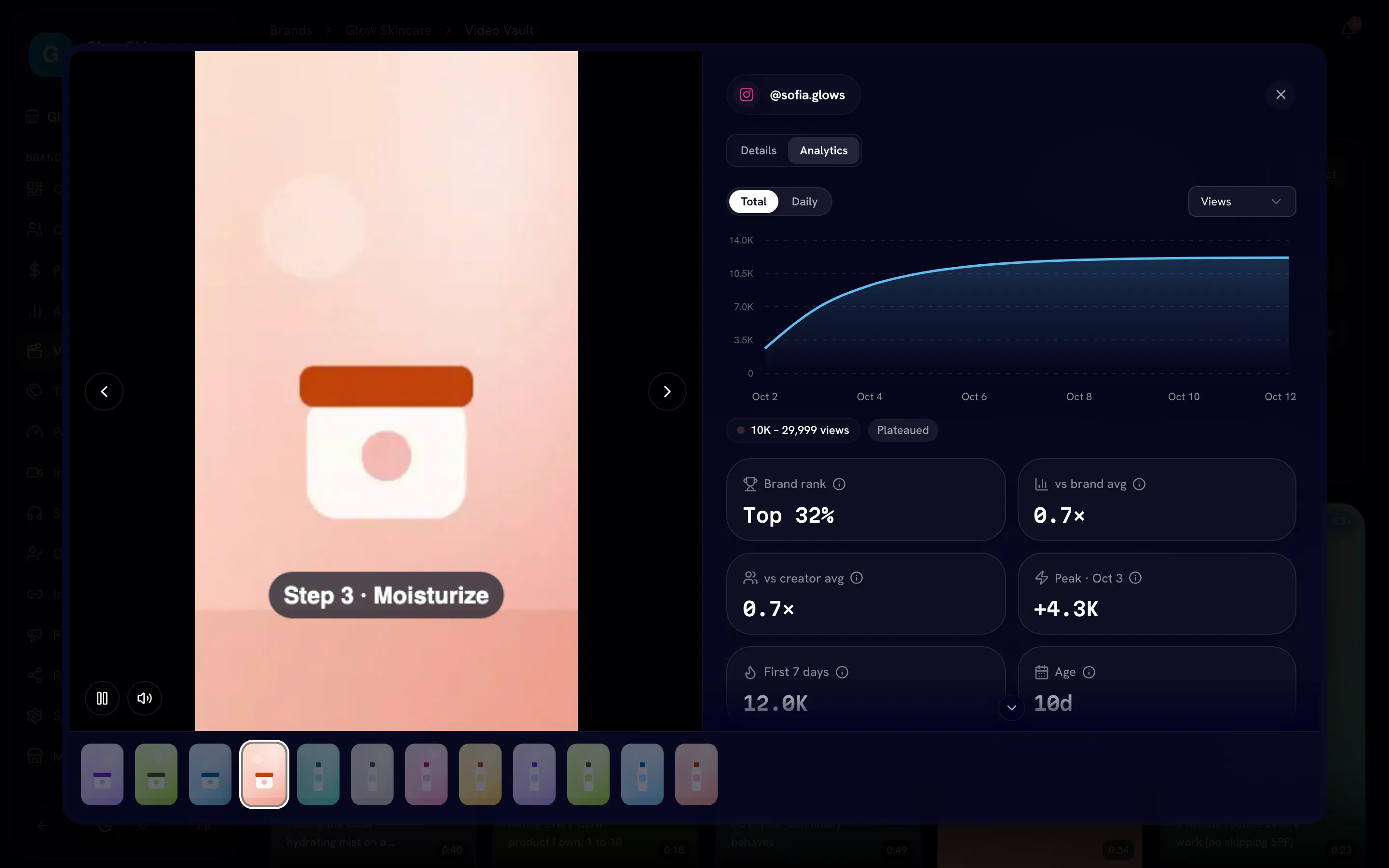 Theater view playing a video with the Analytics tab open