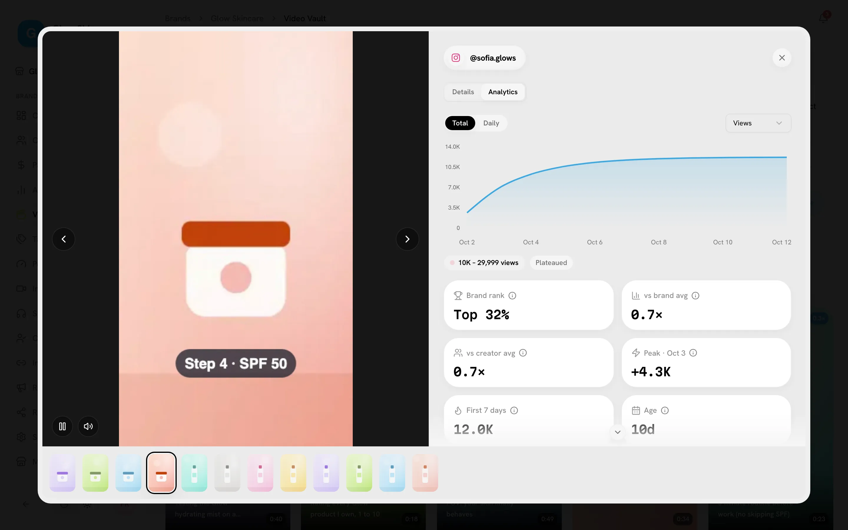 Theater view playing a video with the Analytics tab open